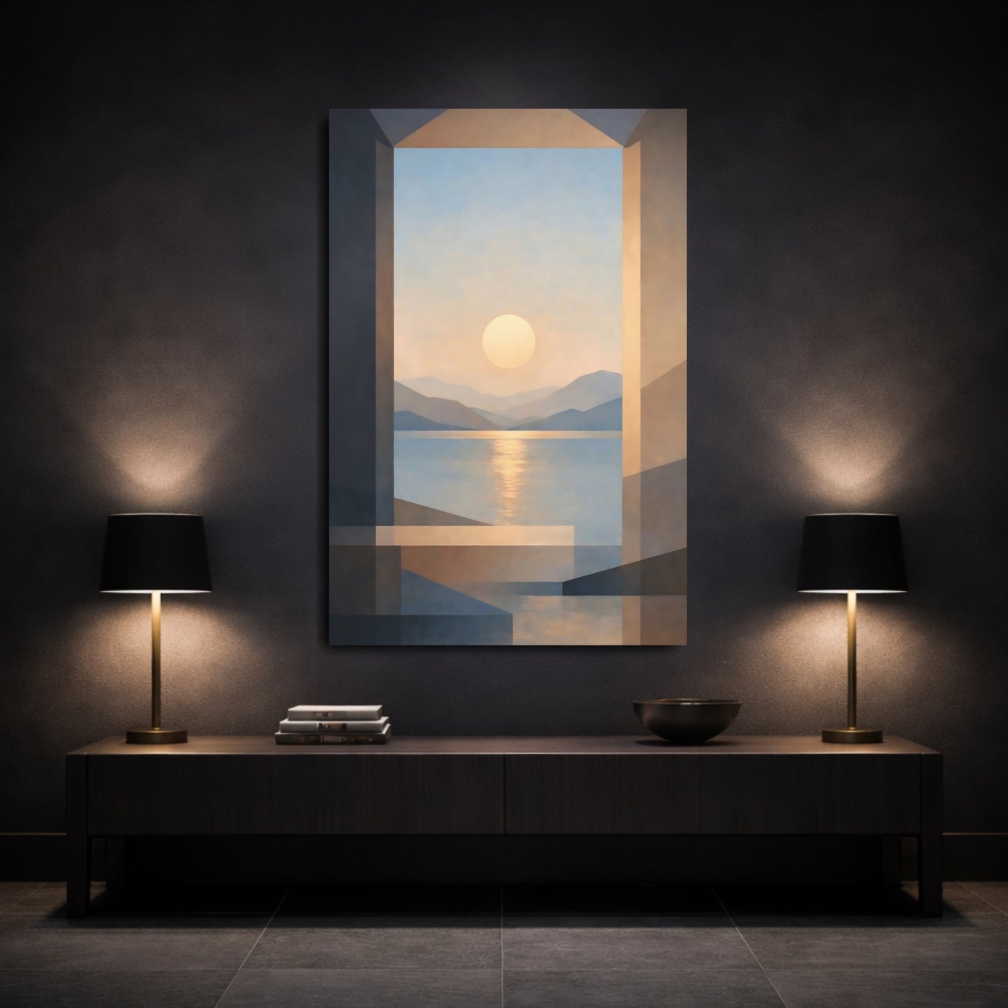 Nature Sunset Lake Blue And Orange Sunset shown as front canvas room wall art