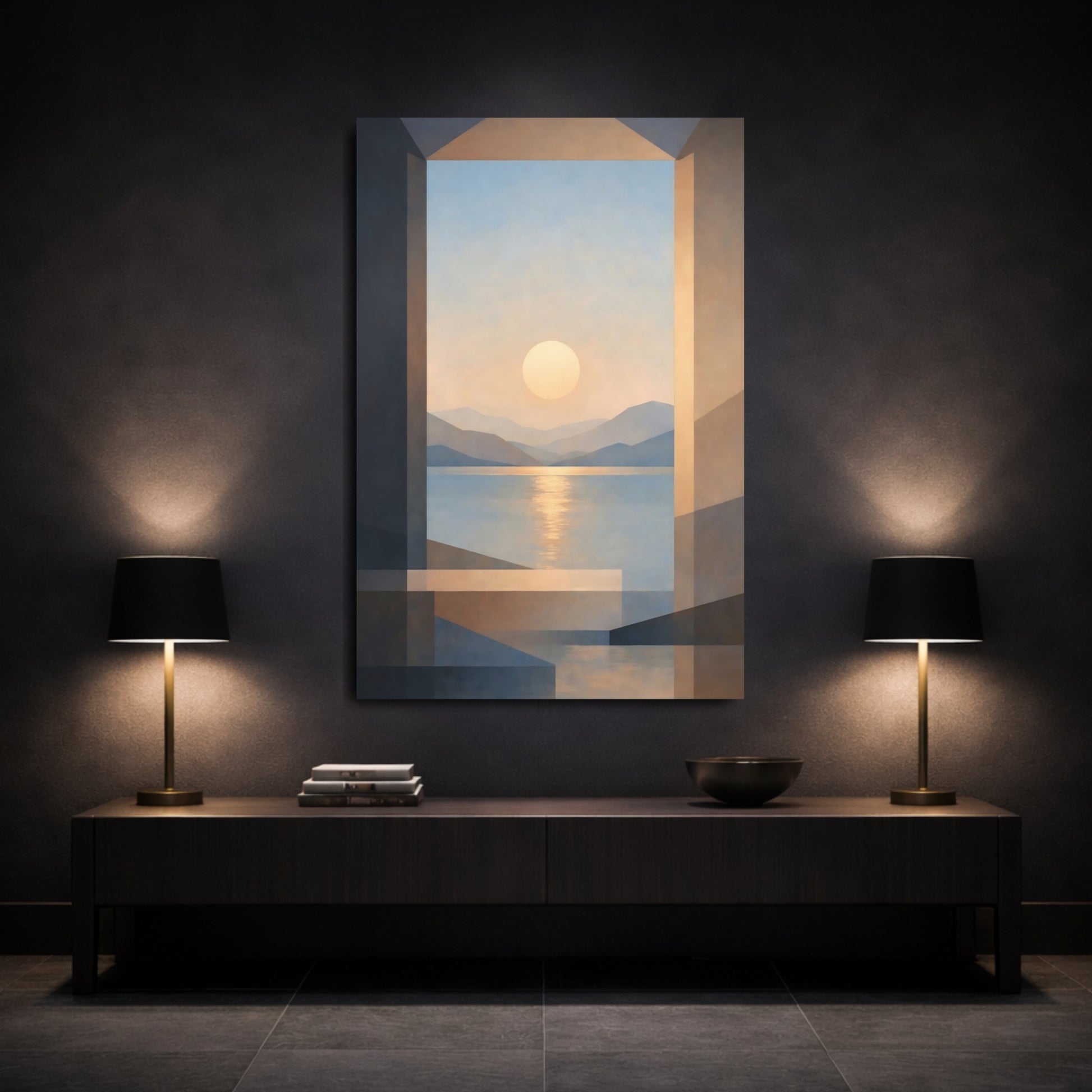 Nature Sunset Lake Blue And Orange Sunset shown as front canvas room wall art