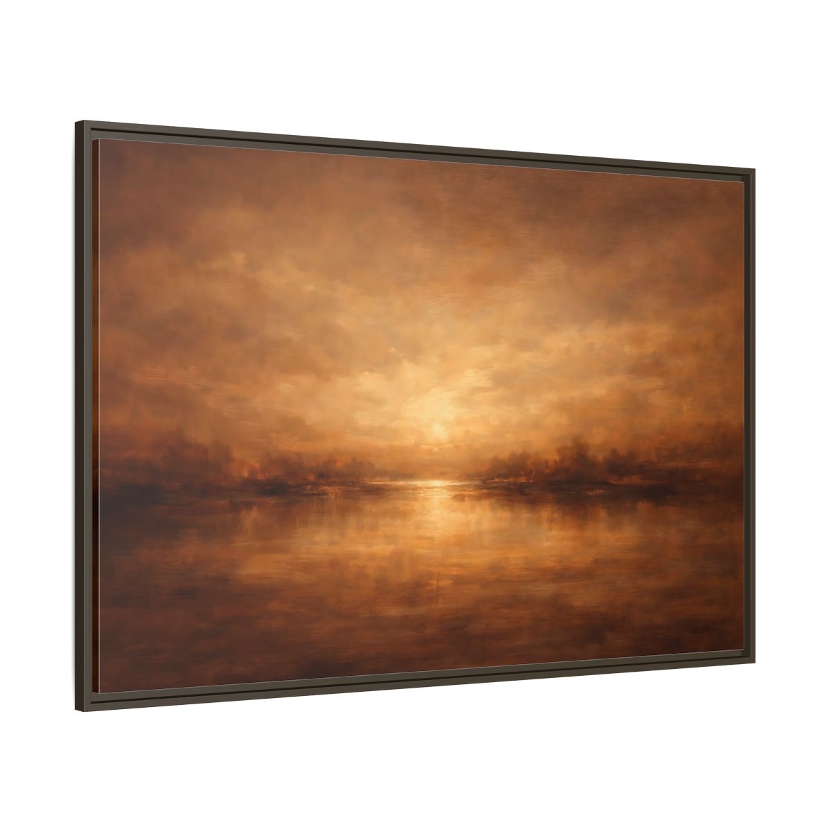 Main Mockup. Nature Sunset Lake Brown And Gold shown as stretched canvas wall art