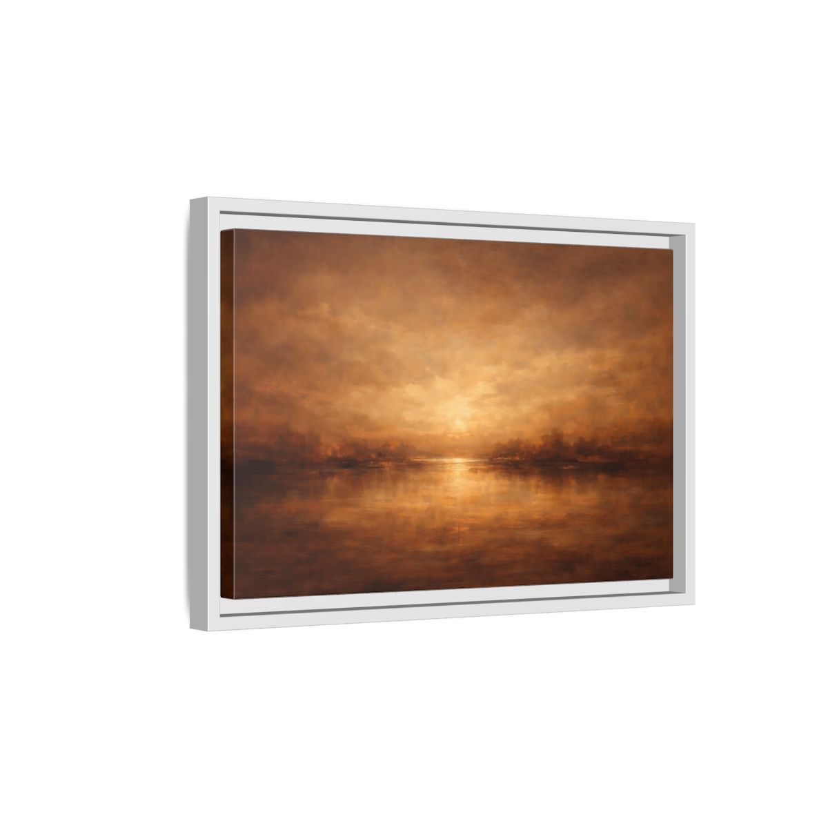 Side Mockup 4. Nature Sunset Lake Brown And Gold shown as stretched canvas wall art
