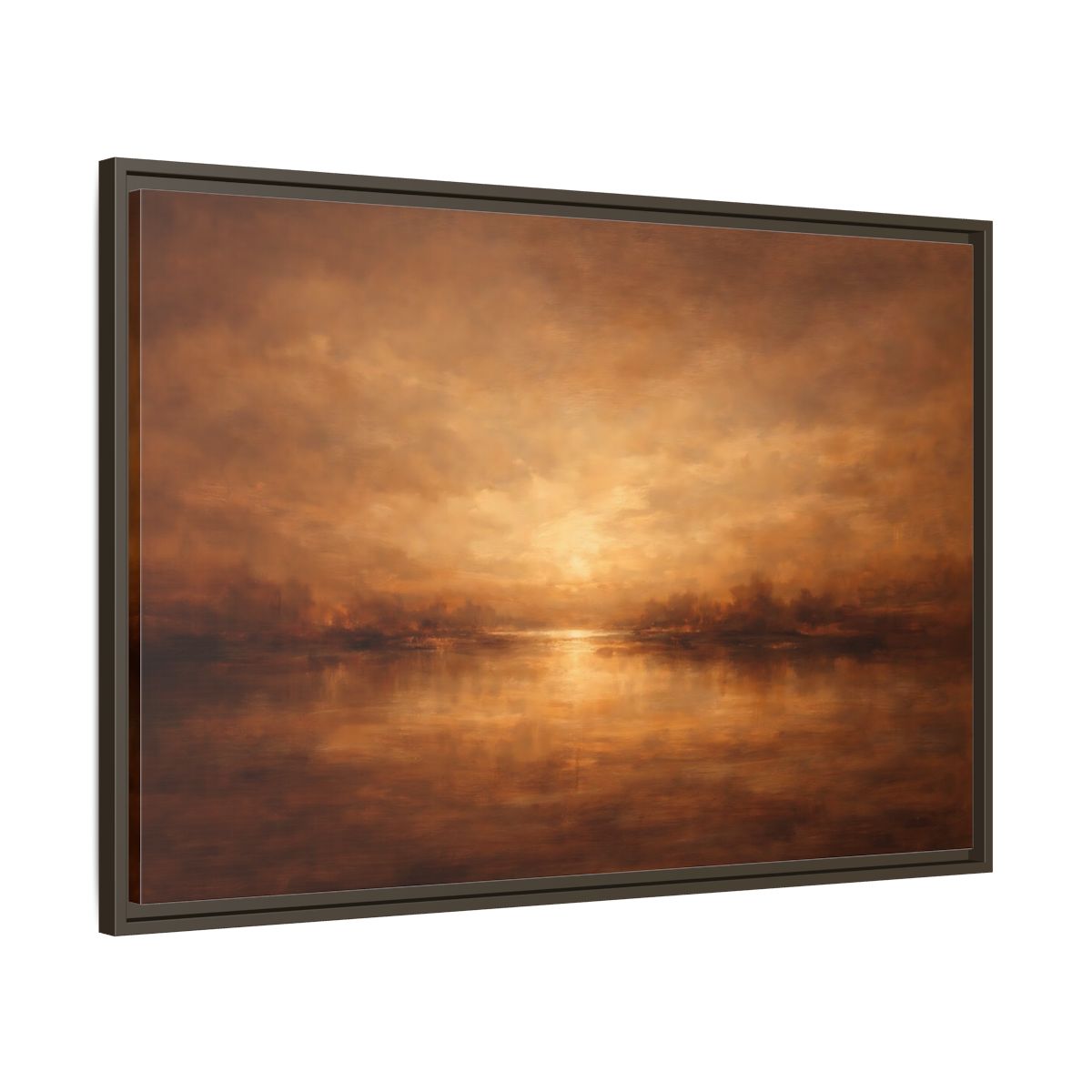 Side Mockup 9. Nature Sunset Lake Brown And Gold shown as stretched canvas wall art