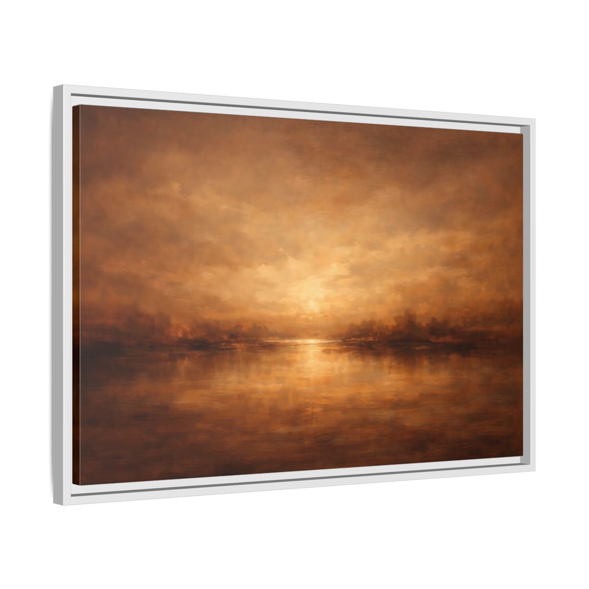 Side Mockup 10. Nature Sunset Lake Brown And Gold shown as stretched canvas wall art