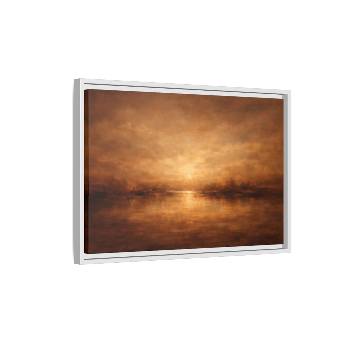 Side Mockup 1. Nature Sunset Lake Brown And Gold shown as stretched canvas wall art