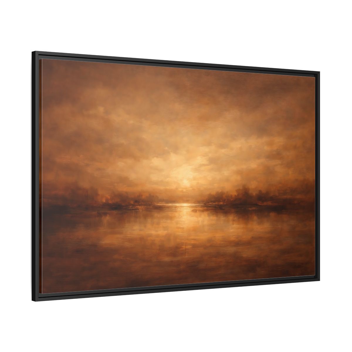 Side Mockup 12. Nature Sunset Lake Brown And Gold shown as stretched canvas wall art