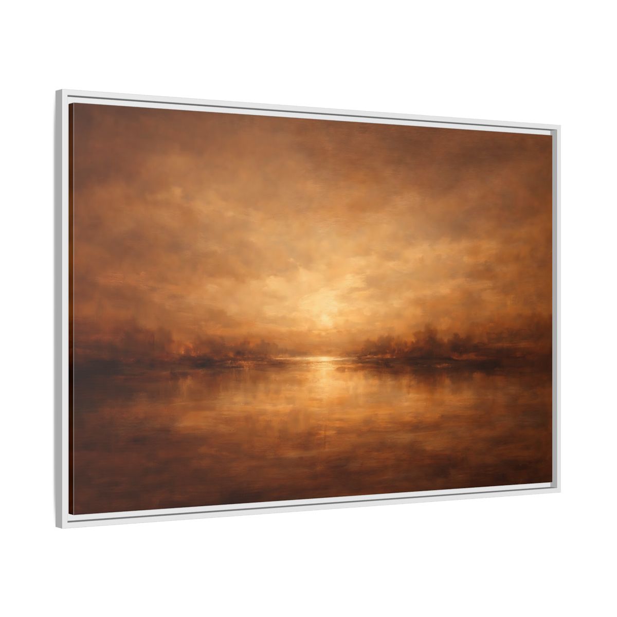Side Mockup 7. Nature Sunset Lake Brown And Gold shown as stretched canvas wall art