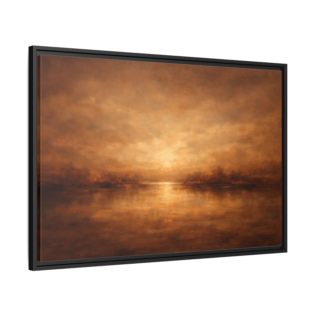 Side Mockup 13. Nature Sunset Lake Brown And Gold shown as stretched canvas wall art