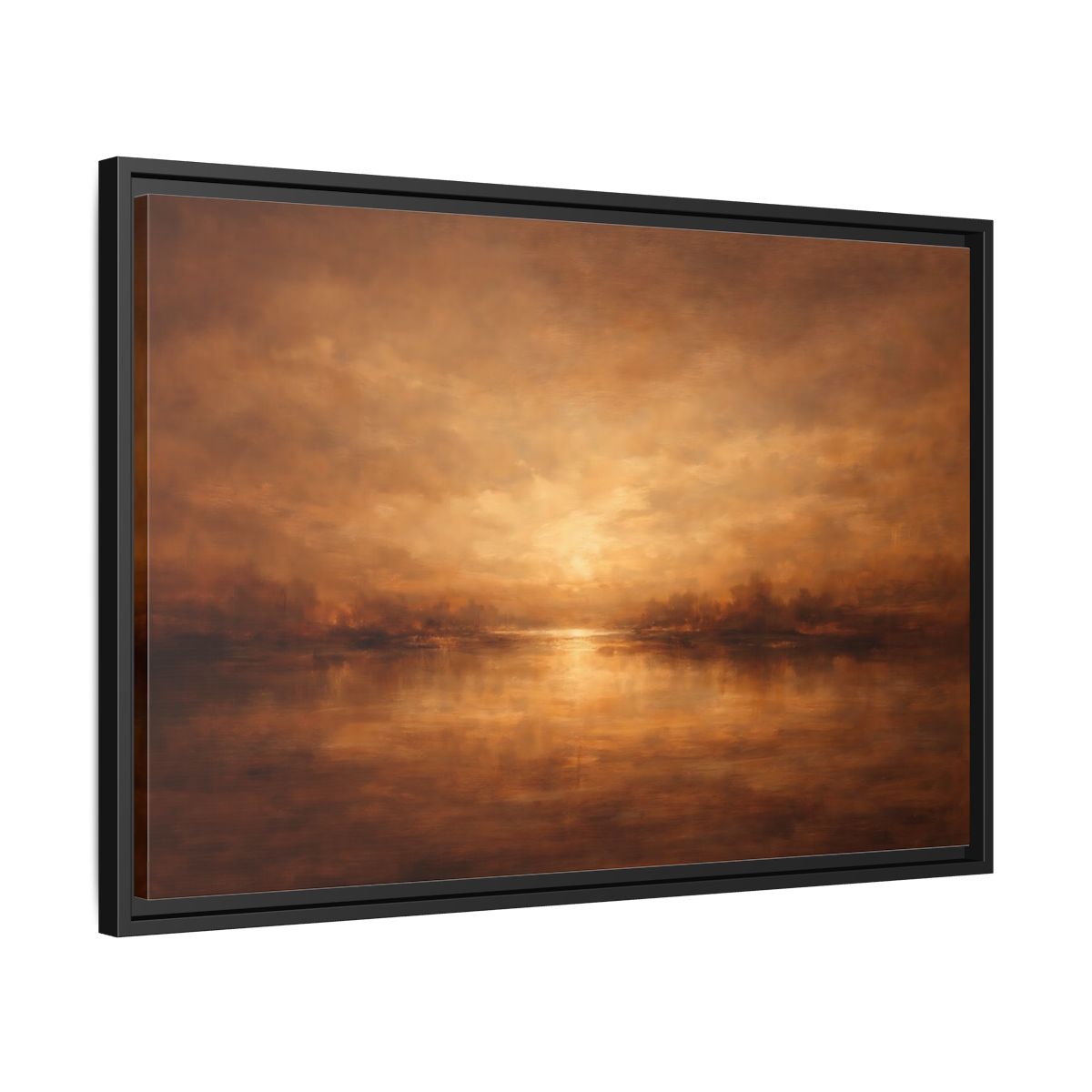 Side Mockup 14. Nature Sunset Lake Brown And Gold shown as stretched canvas wall art