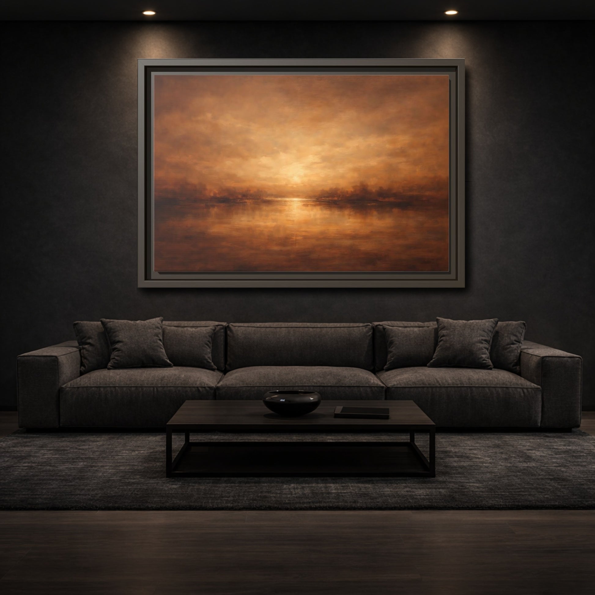 Mockup 2. Nature Sunset Lake Brown And Gold shown as stretched canvas wall art