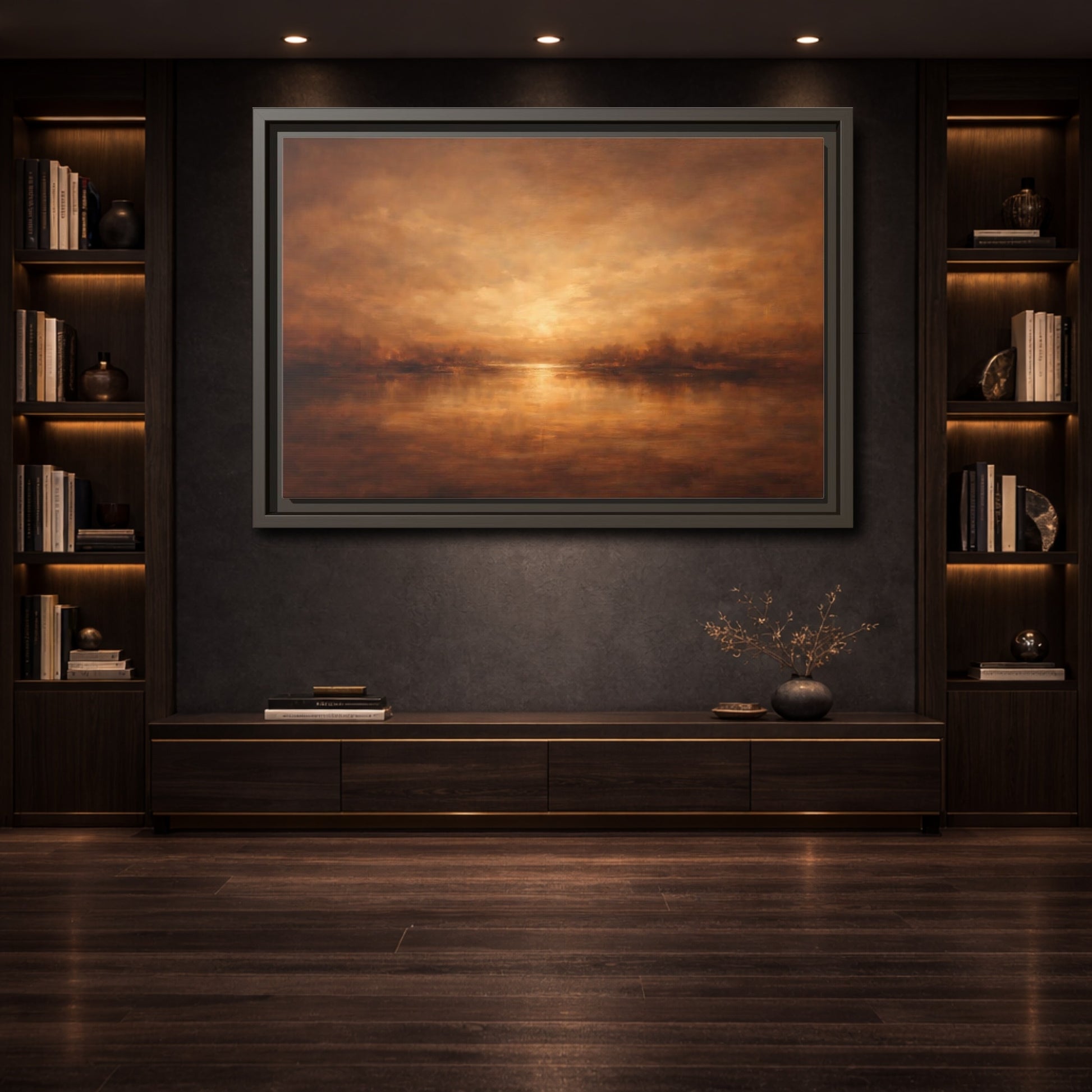 Mockup 3. Nature Sunset Lake Brown And Gold shown as stretched canvas wall art