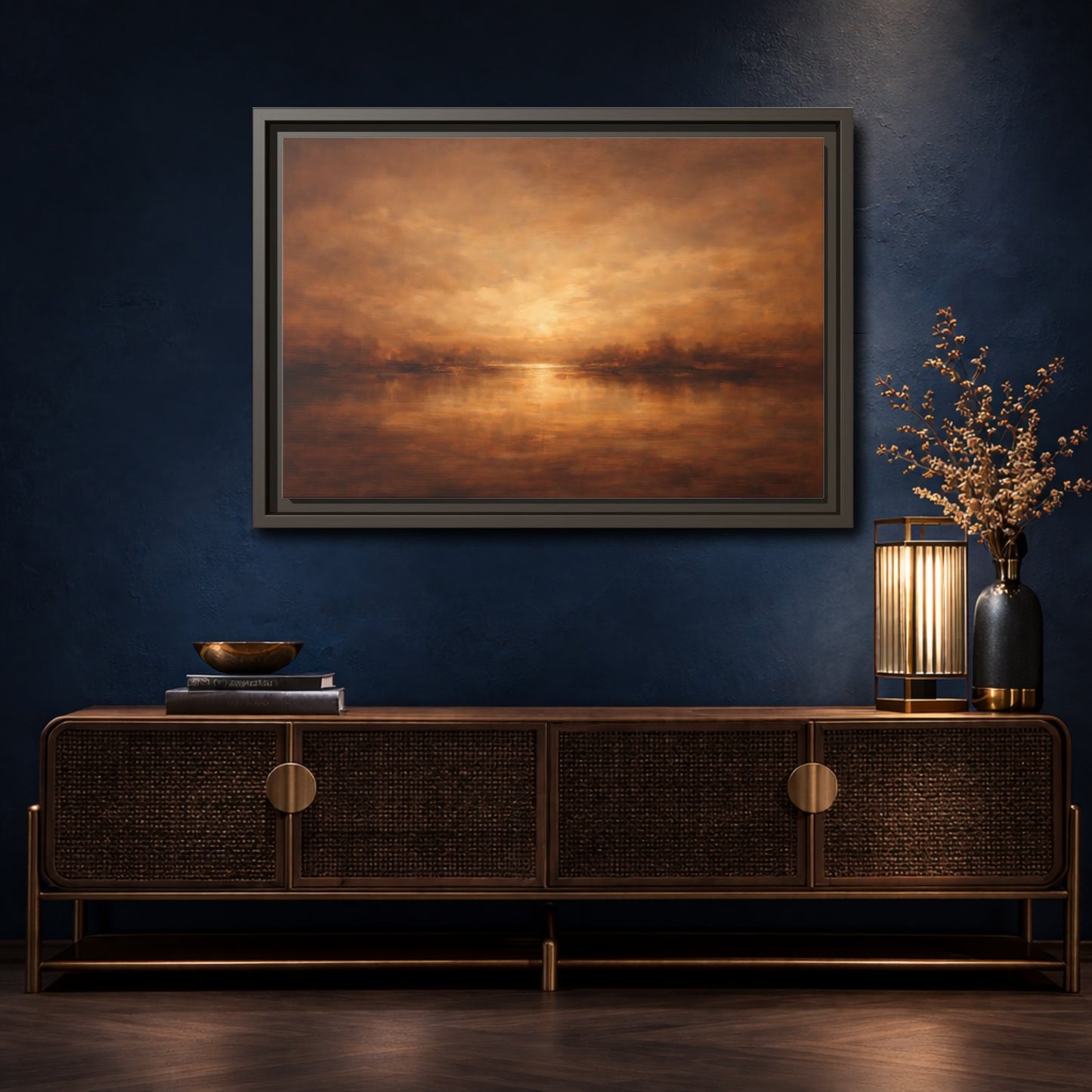 Mockup 4. Nature Sunset Lake Brown And Gold shown as stretched canvas wall art