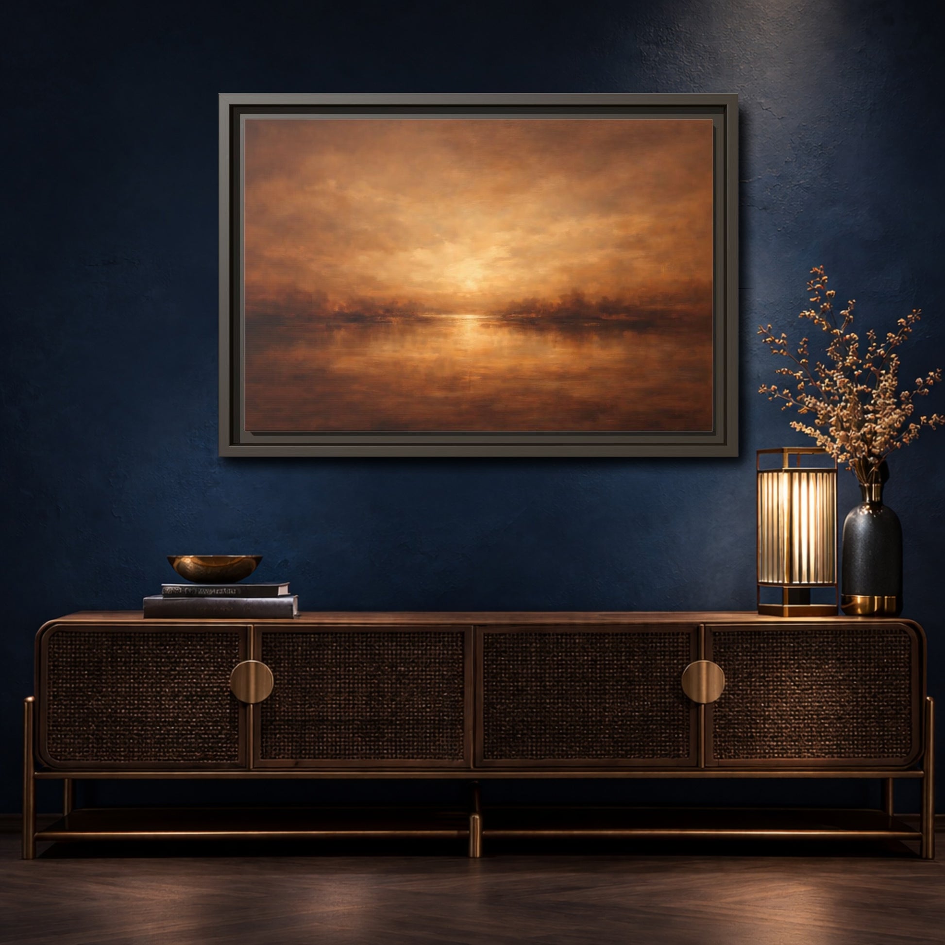 Mockup 4. Nature Sunset Lake Brown And Gold shown as stretched canvas wall art