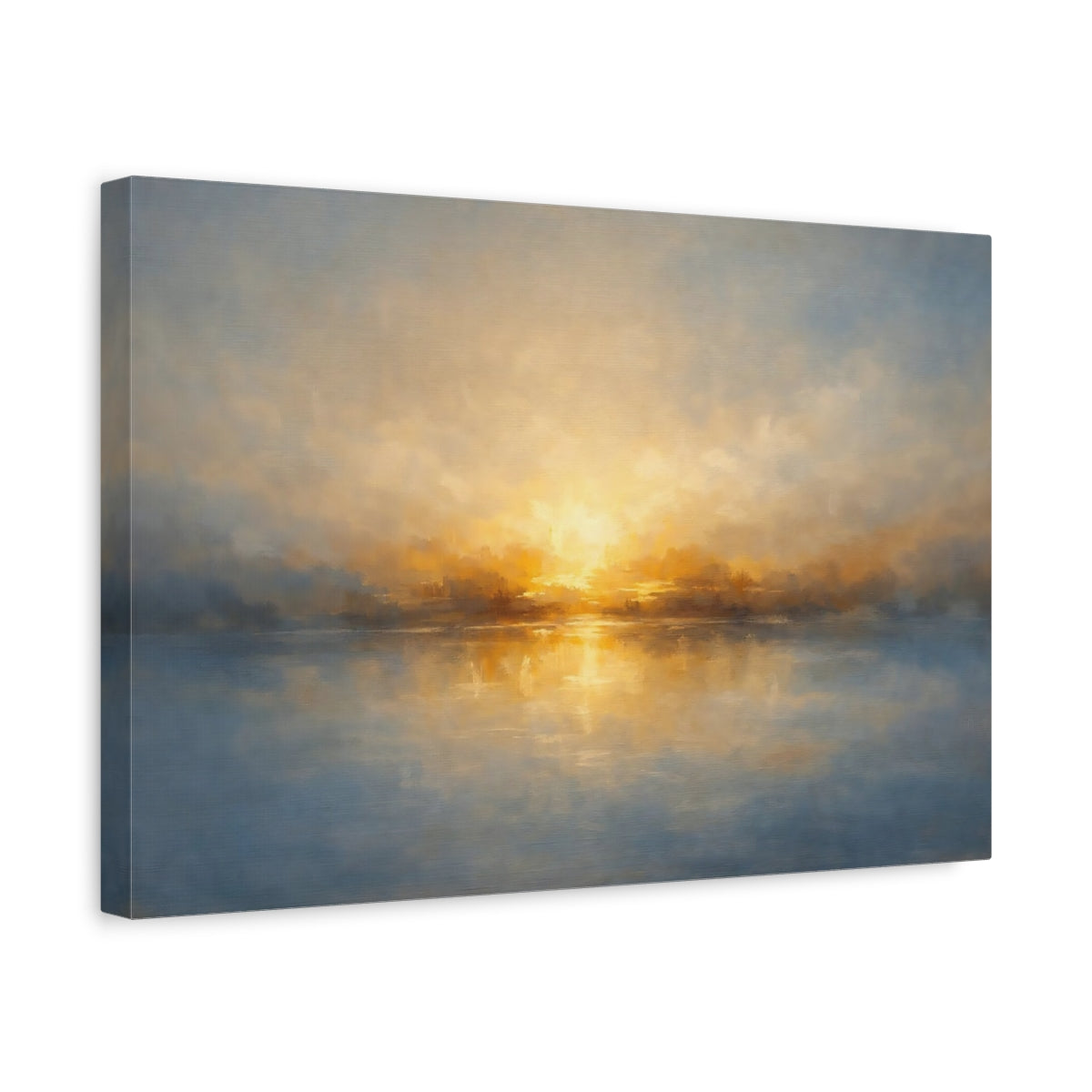 Side Mockup 4. Nature Sunset Lake Golden Blue Lake shown as stretched canvas wall art