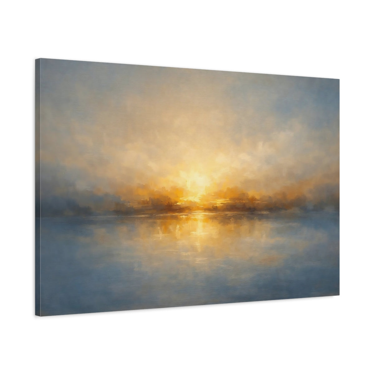 Side Mockup 1. Nature Sunset Lake Golden Blue Lake shown as stretched canvas wall art
