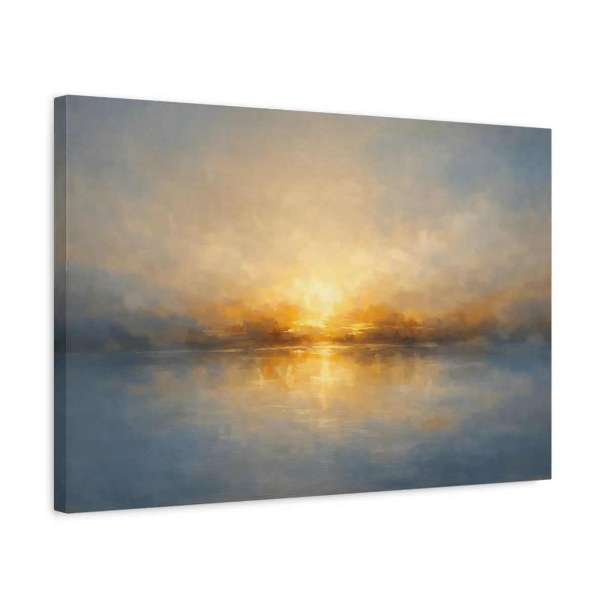 Side Mockup 3. Nature Sunset Lake Golden Blue Lake shown as stretched canvas wall art
