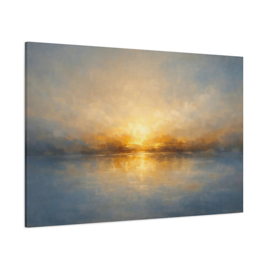 Main Mockup. Nature Sunset Lake Golden Blue Lake shown as stretched canvas wall art