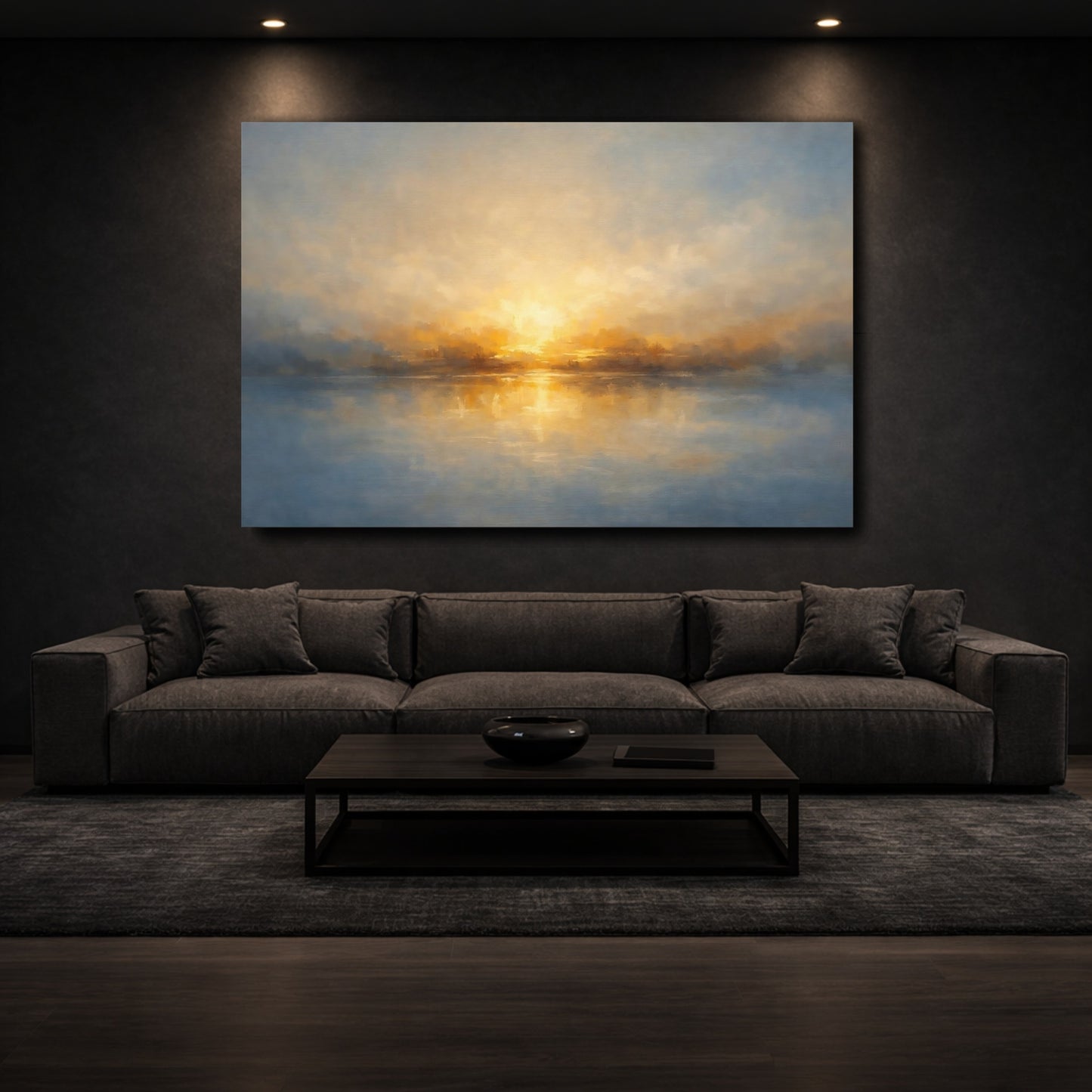 Mockup 2. Nature Sunset Lake Golden Blue Lake shown as stretched canvas wall art