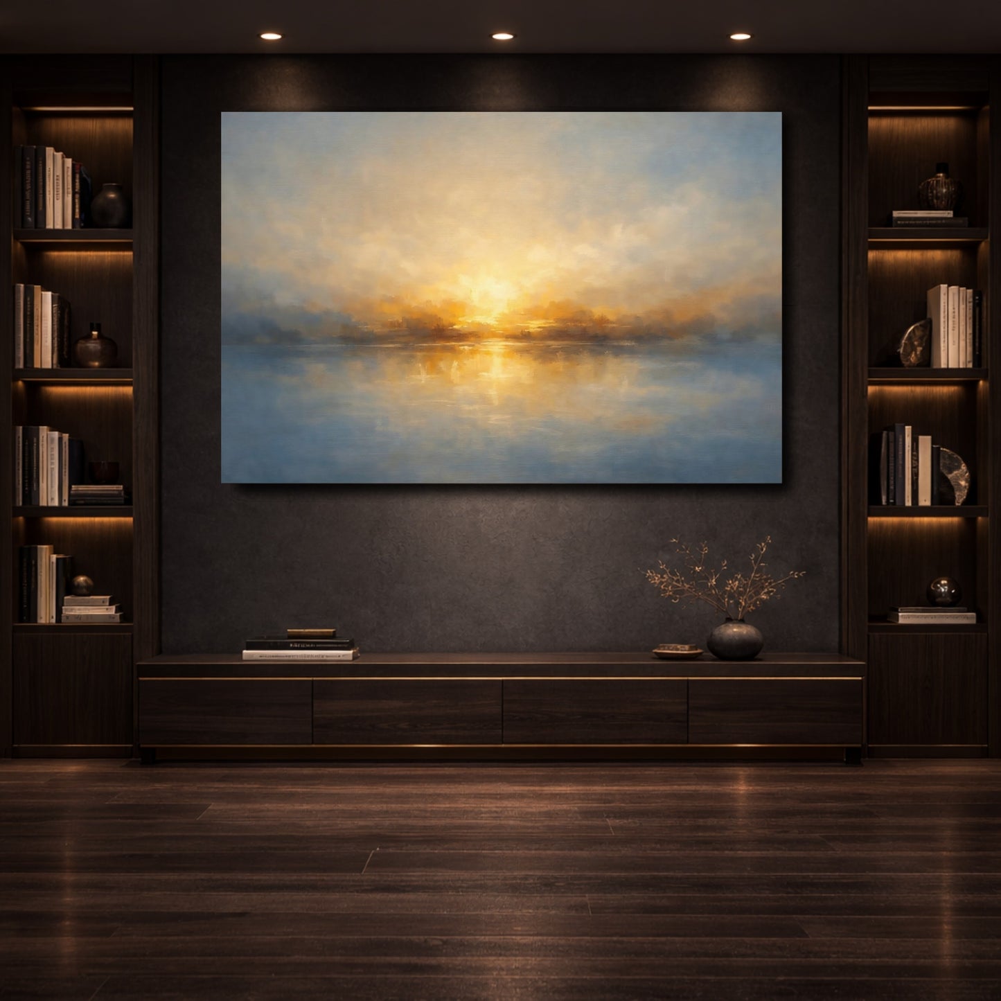 Mockup 3. Nature Sunset Lake Golden Blue Lake shown as stretched canvas wall art