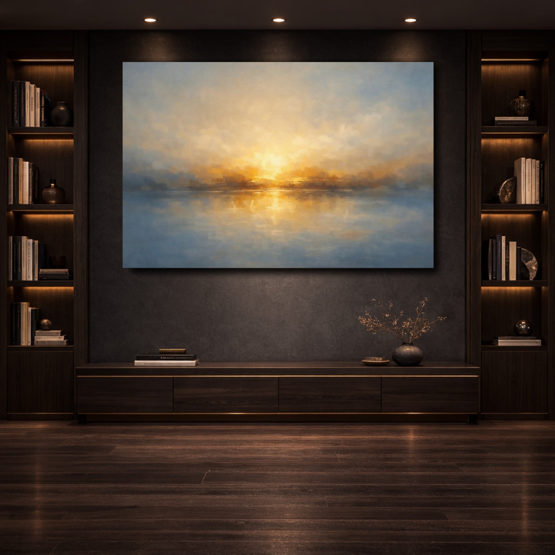 Mockup 3. Nature Sunset Lake Golden Blue Lake shown as stretched canvas wall art