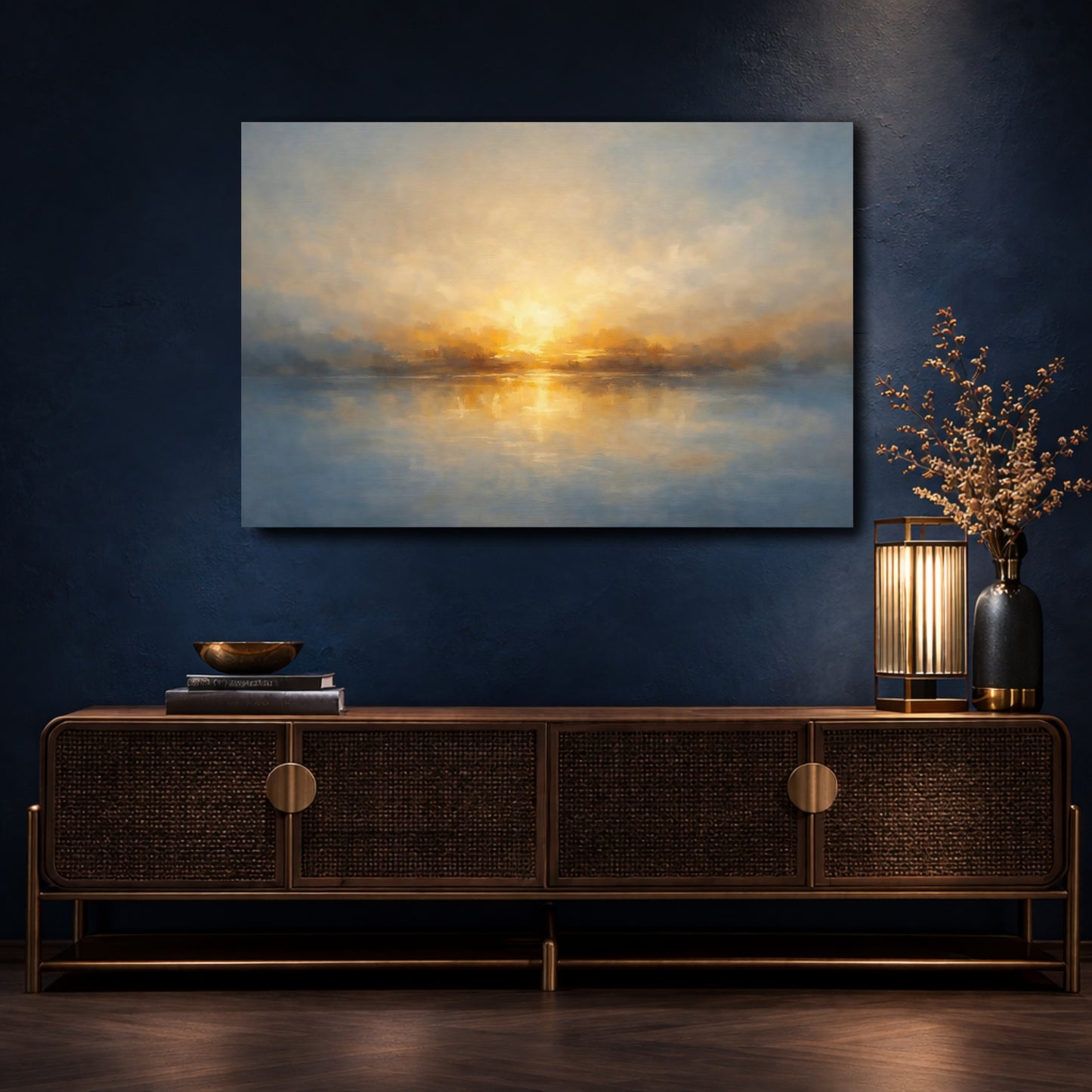 Mockup 4. Nature Sunset Lake Golden Blue Lake shown as stretched canvas wall art