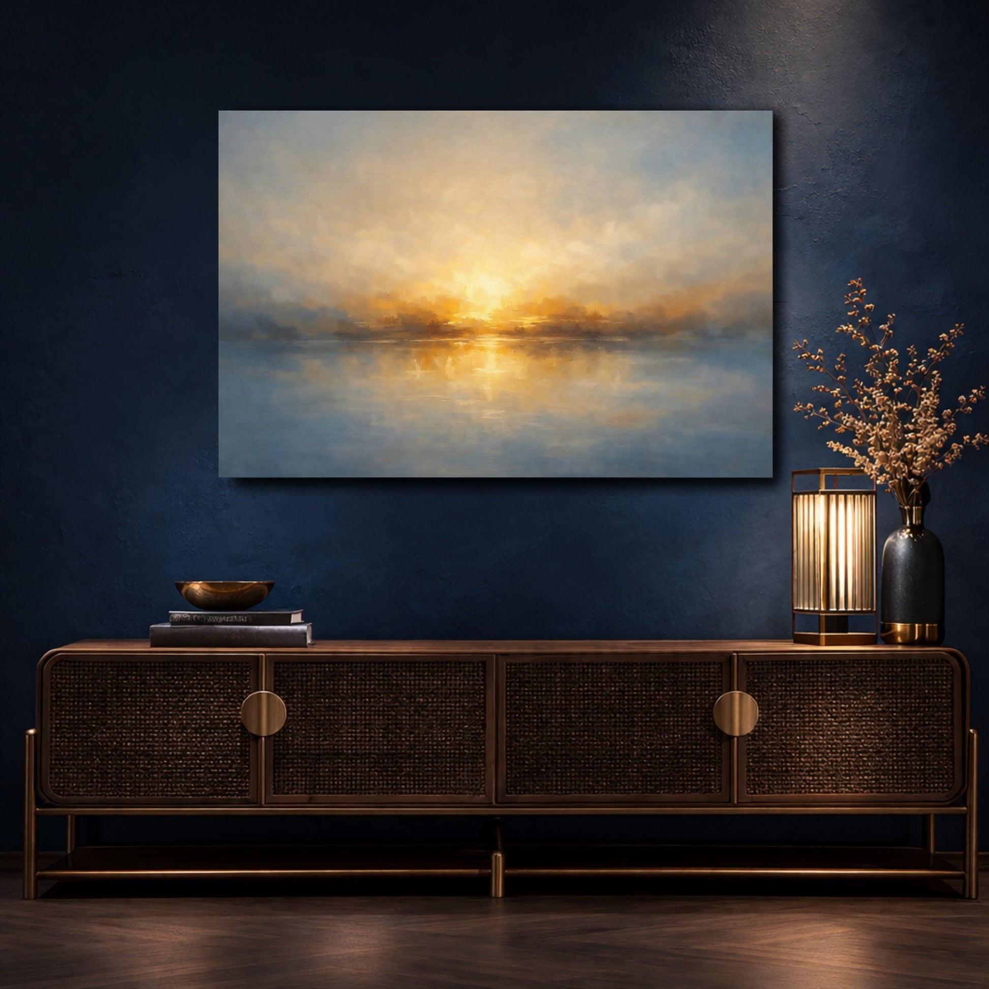 Mockup 4. Nature Sunset Lake Golden Blue Lake shown as stretched canvas wall art