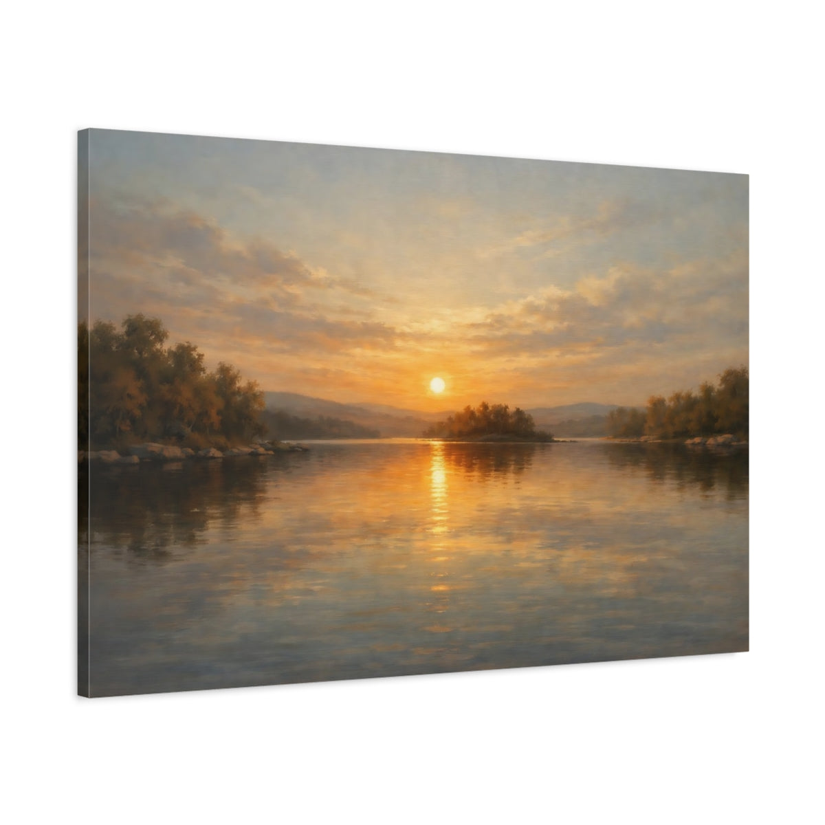 Side Mockup 1. Nature Sunset Lake Golden Sunset shown as stretched canvas wall art