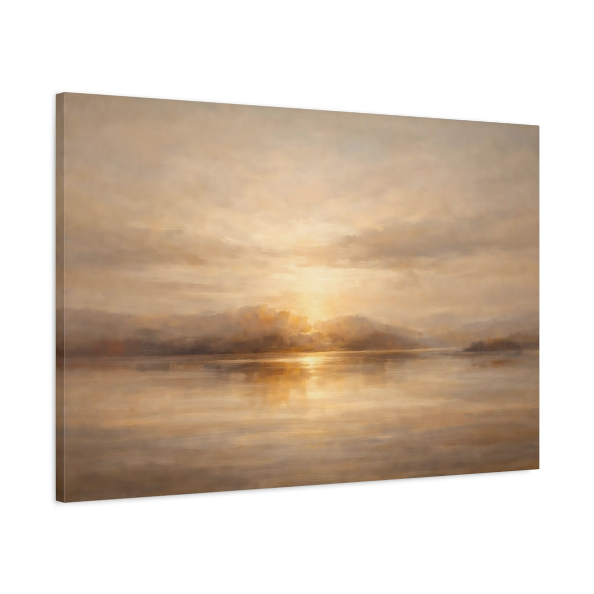 Side Mockup 1. Nature Sunset Lake Golden Sunset shown as stretched canvas wall art