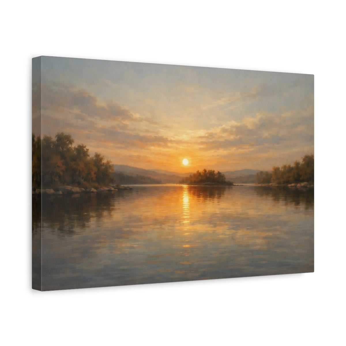 Side Mockup 4. Nature Sunset Lake Golden Sunset shown as stretched canvas wall art