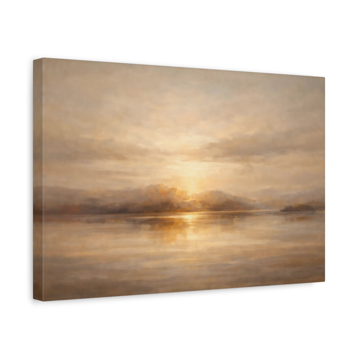 Side Mockup 4. Nature Sunset Lake Golden Sunset shown as stretched canvas wall art