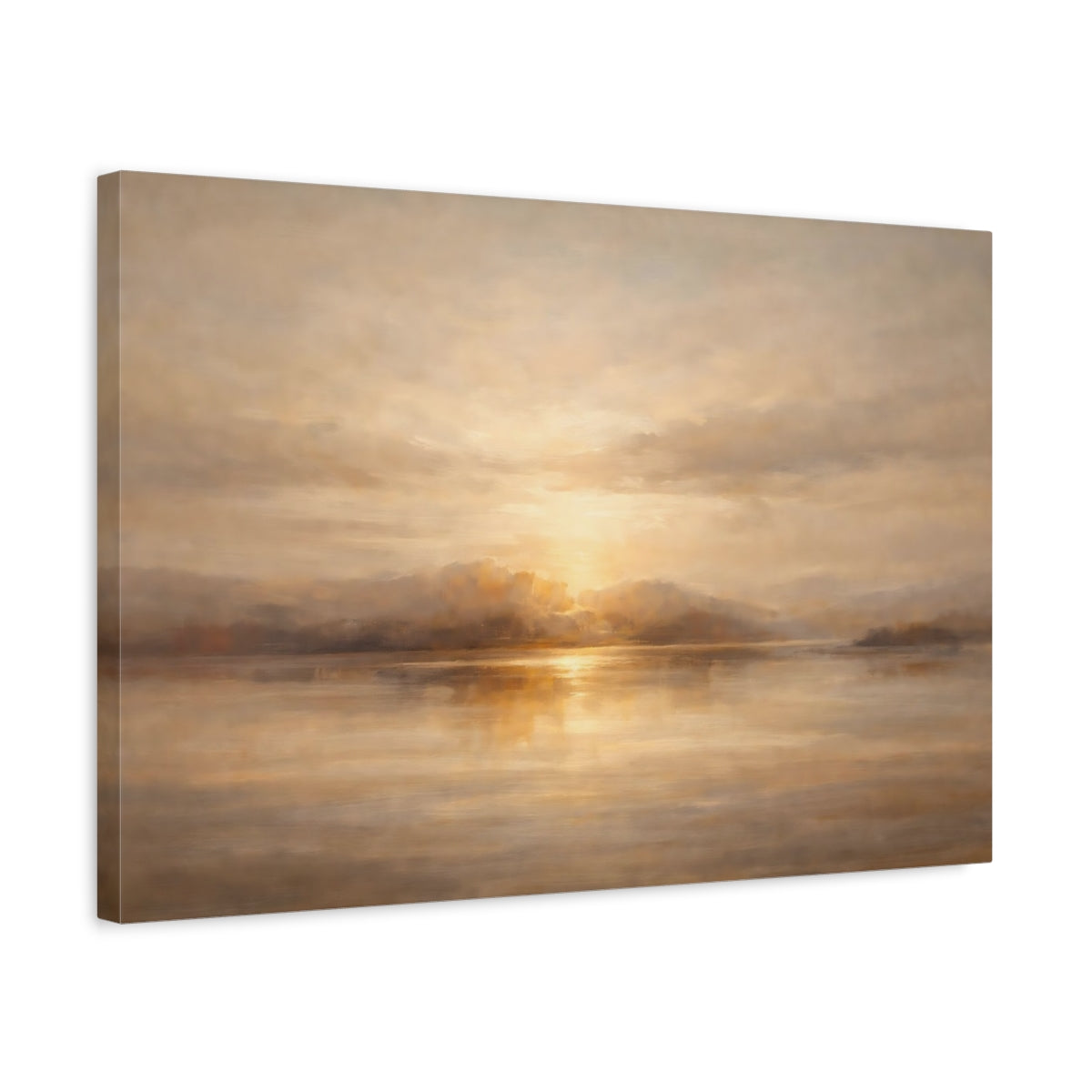 Side Mockup 3. Nature Sunset Lake Golden Sunset shown as stretched canvas wall art