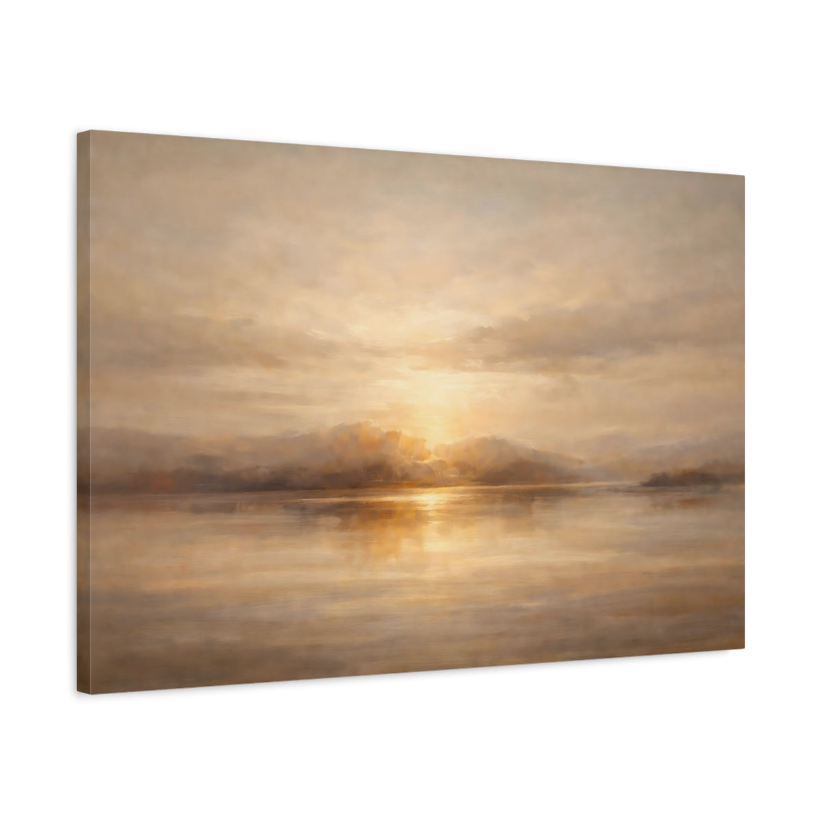 Side Mockup 2. Nature Sunset Lake Golden Sunset shown as stretched canvas wall art