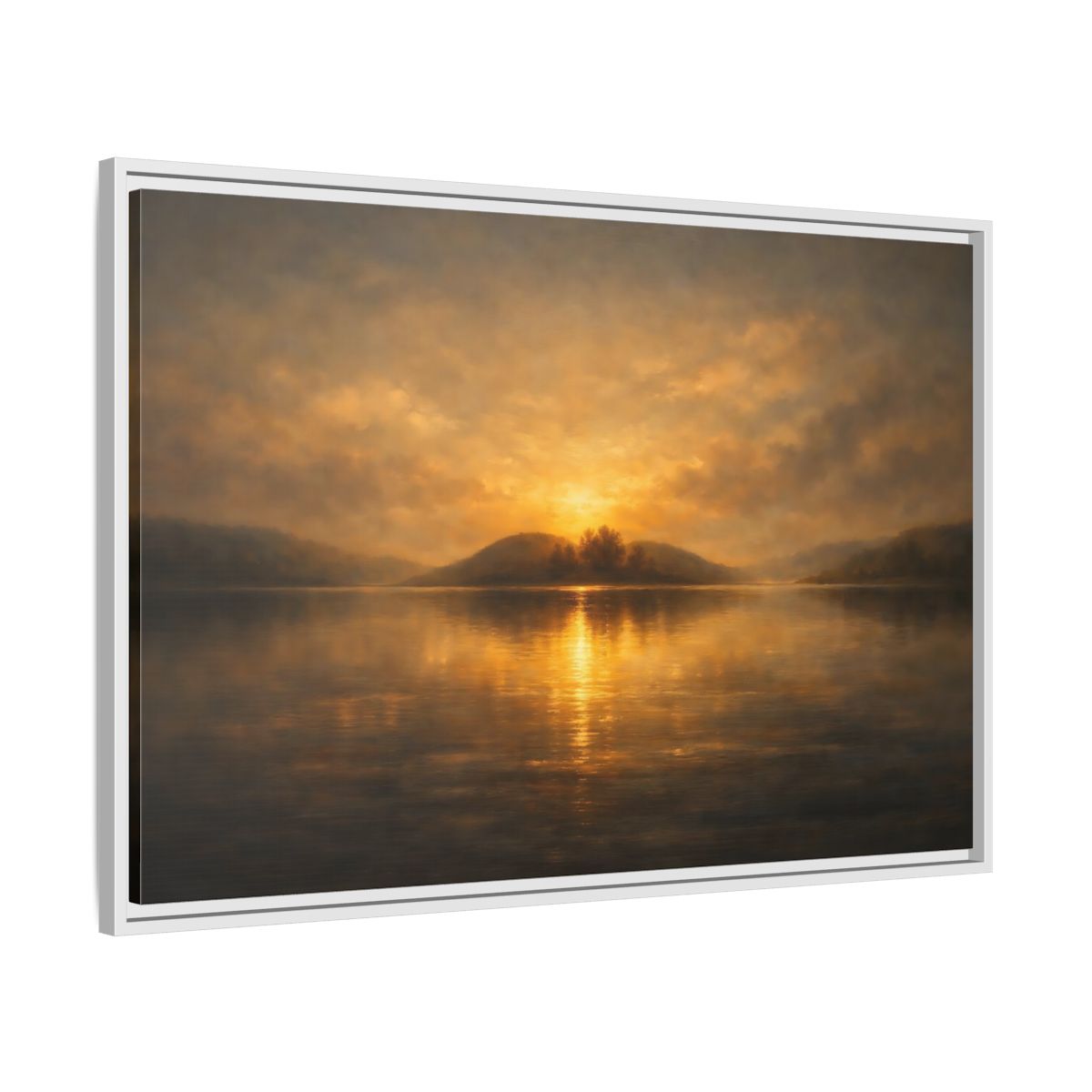 Side Mockup 8. Nature Sunset Lake Golden Lake Sunset shown as stretched canvas wall art