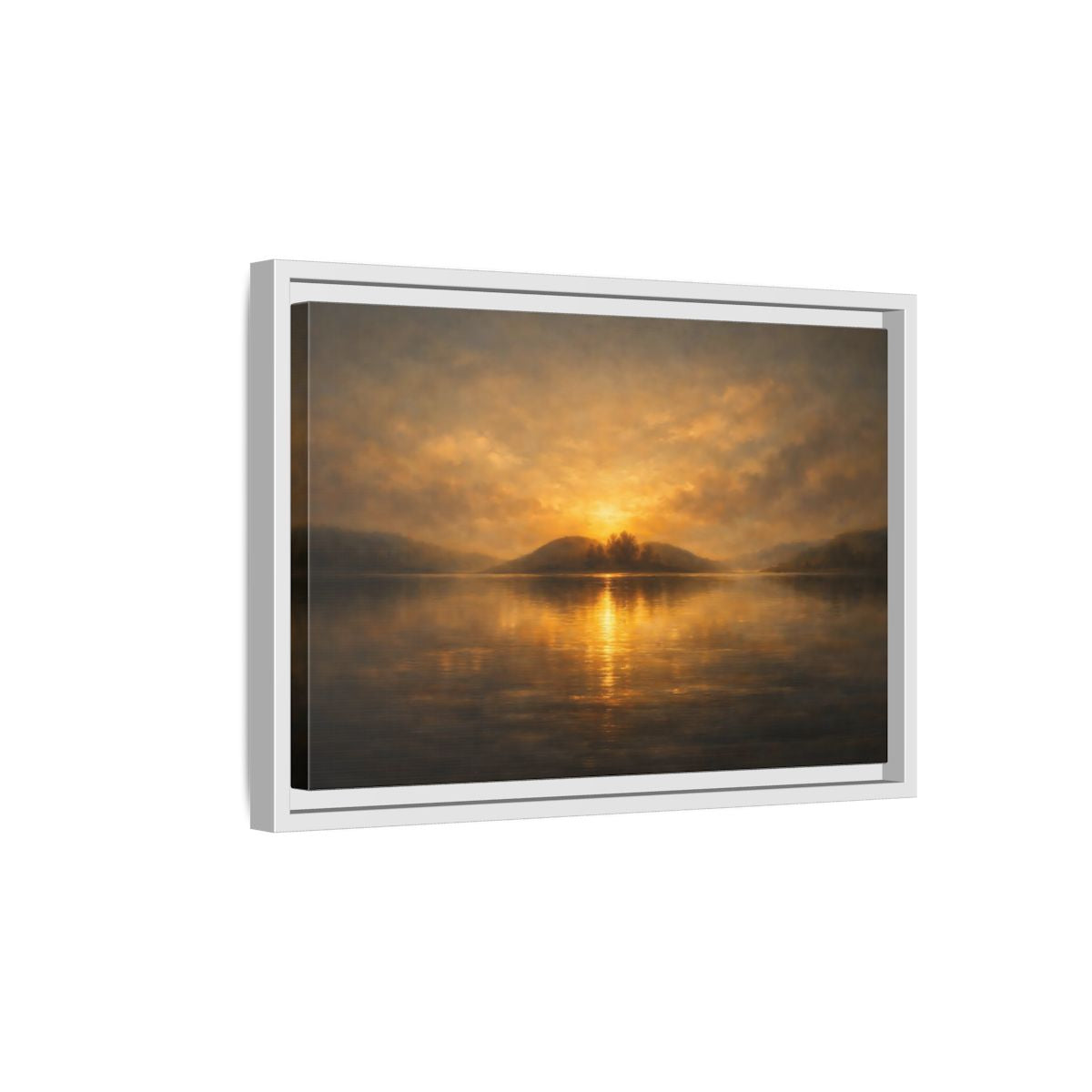Side Mockup 4. Nature Sunset Lake Golden Lake Sunset shown as stretched canvas wall art