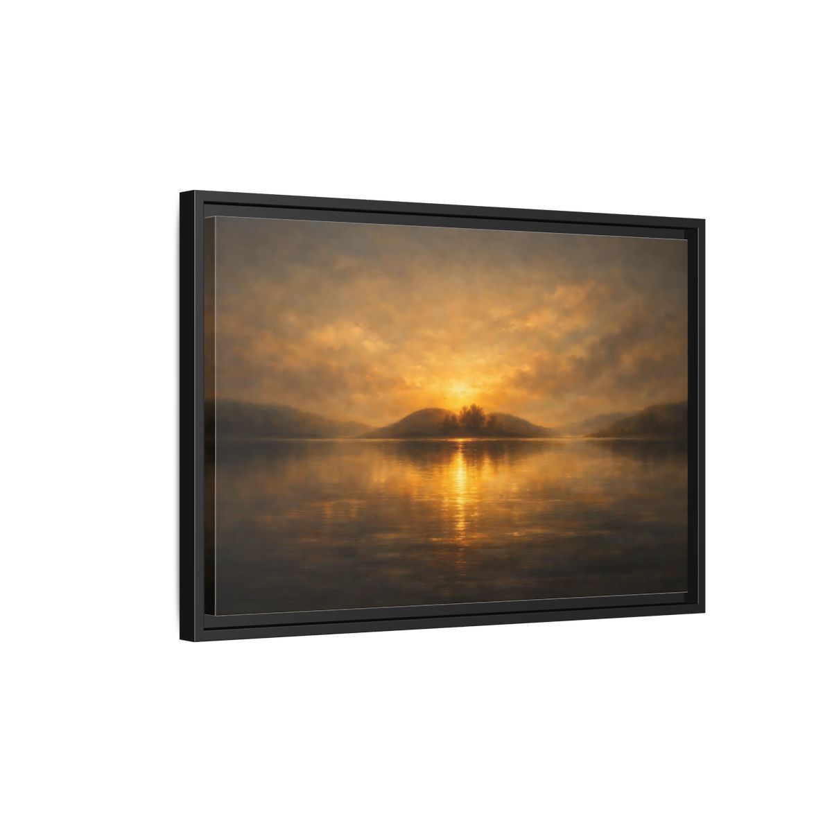 Side Mockup 3. Nature Sunset Lake Golden Lake Sunset shown as stretched canvas wall art