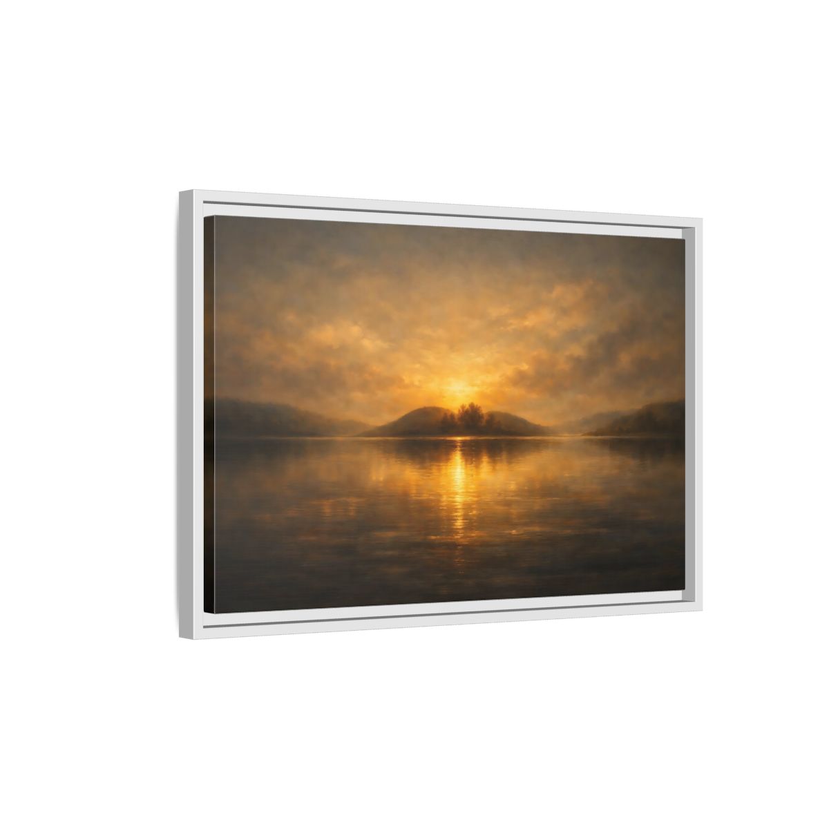 Side Mockup 1. Nature Sunset Lake Golden Lake Sunset shown as stretched canvas wall art