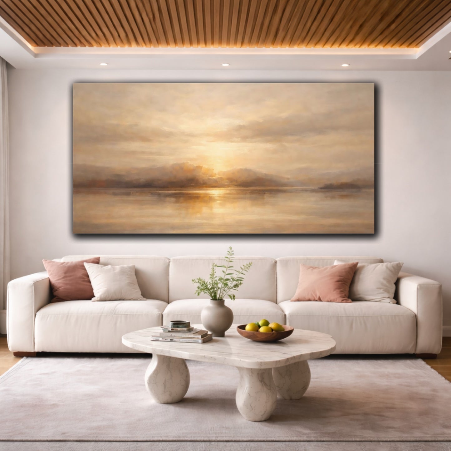 Mockup 3. Nature Sunset Lake Golden Lake shown as stretched canvas wall art