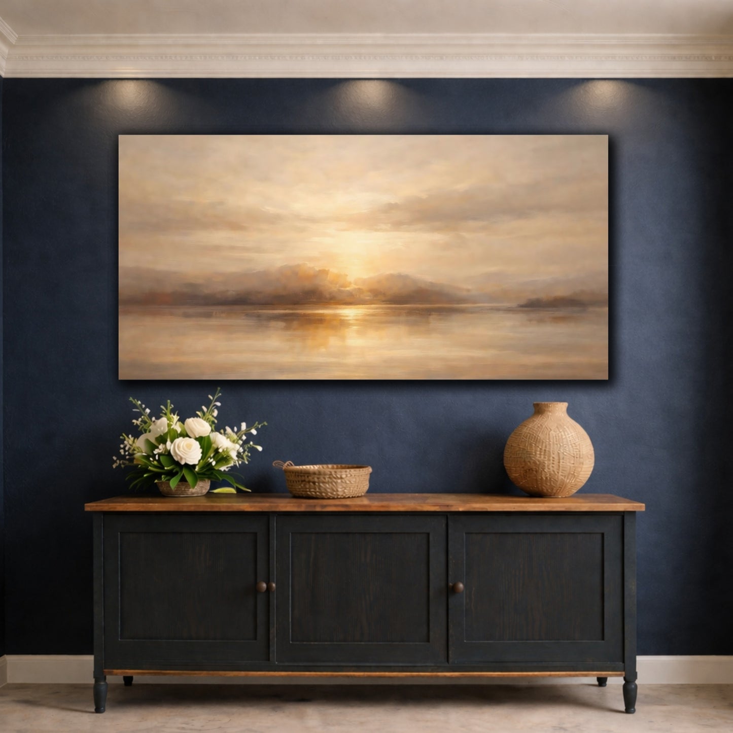 Mockup 4. Nature Sunset Lake Golden Lake shown as stretched canvas wall art