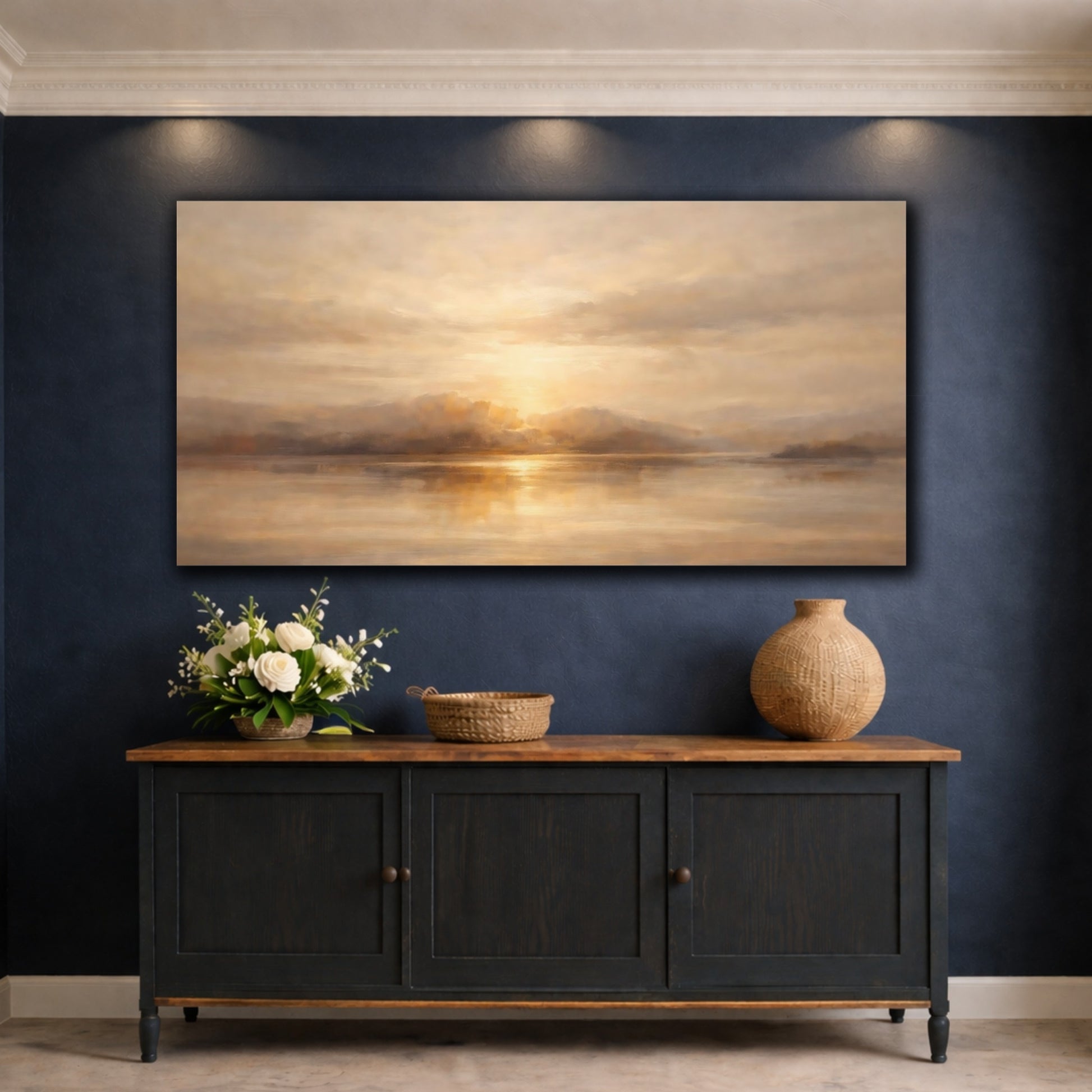 Mockup 4. Nature Sunset Lake Golden Lake shown as stretched canvas wall art