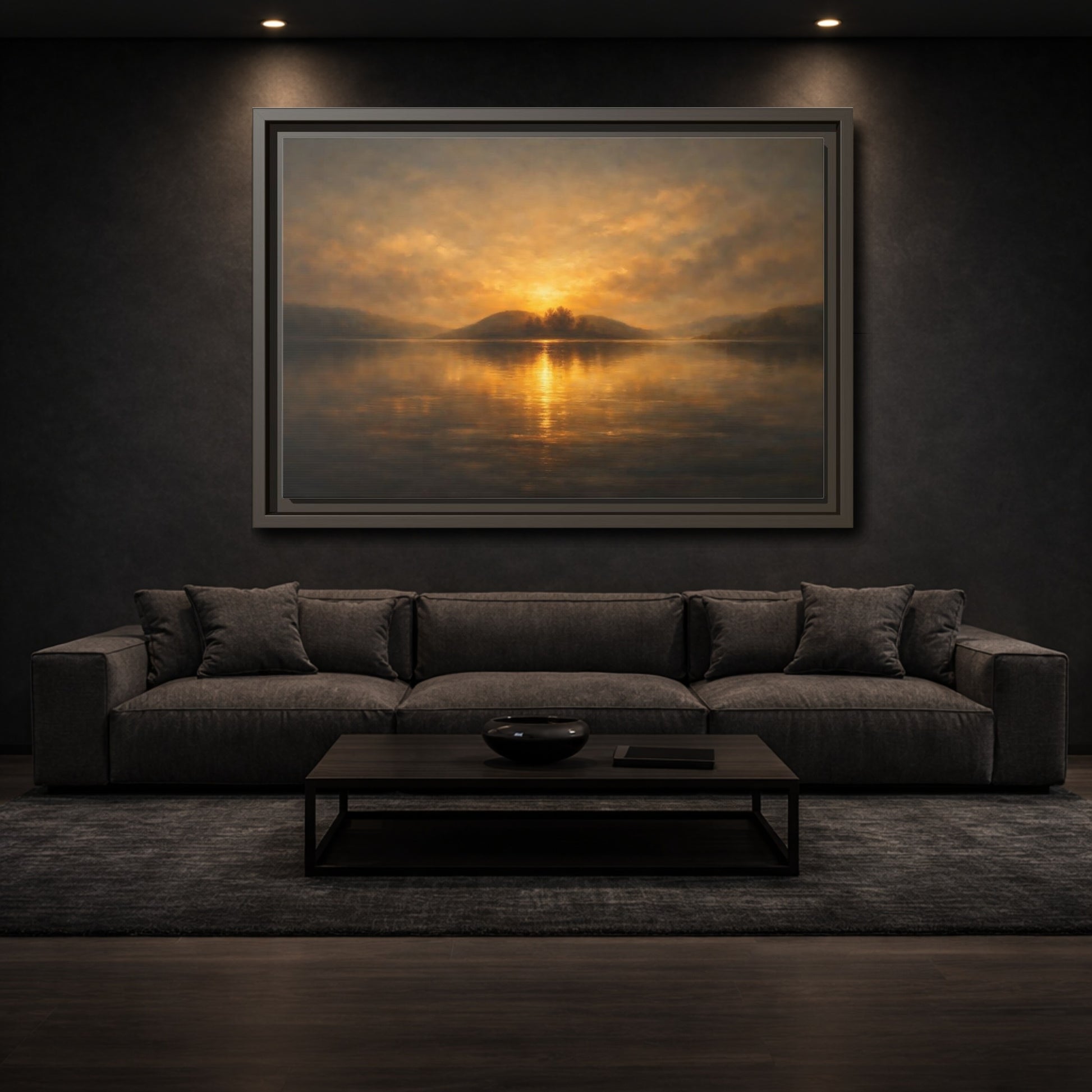 Mockup 2. Nature Sunset Lake Golden Lake Sunset shown as stretched canvas wall art