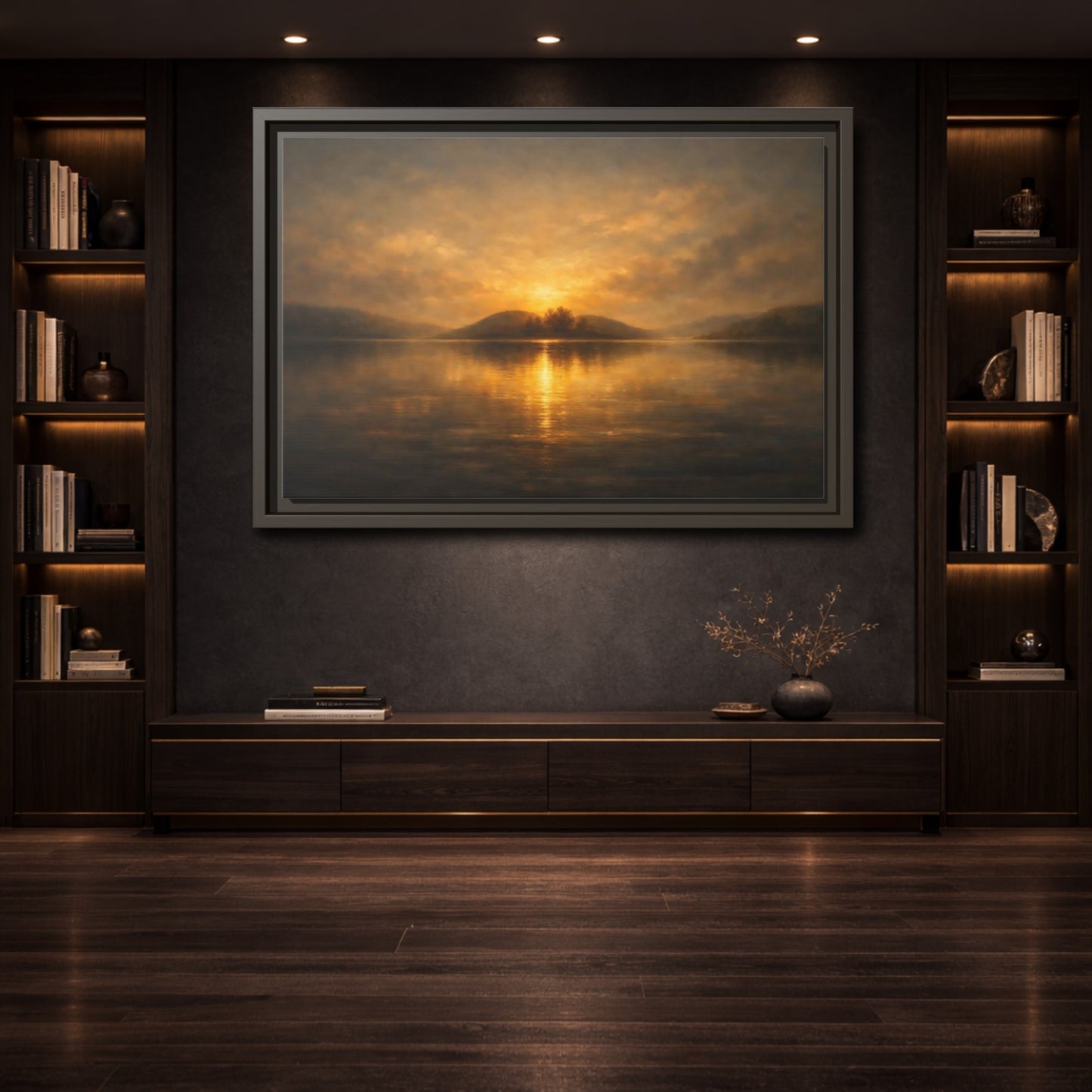 Mockup 3. Nature Sunset Lake Golden Lake Sunset shown as stretched canvas wall art