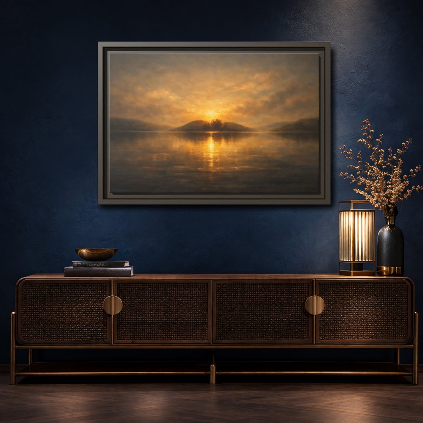 Mockup 4. Nature Sunset Lake Golden Lake Sunset shown as stretched canvas wall art
