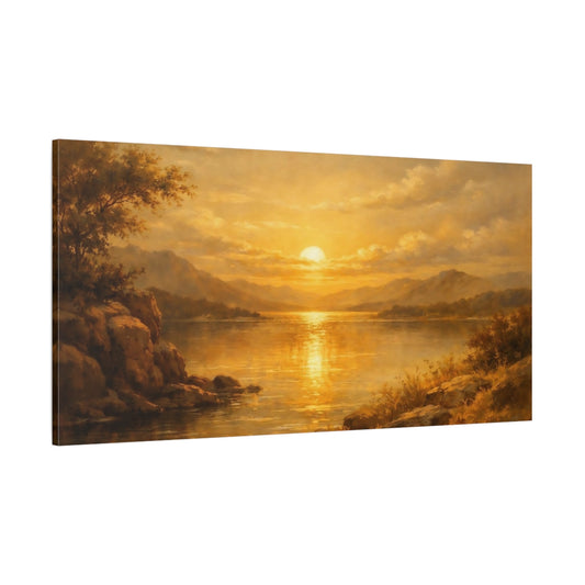 Main Mockup. Nature Sunset Lake Golden Sunset shown as stretched canvas wall art