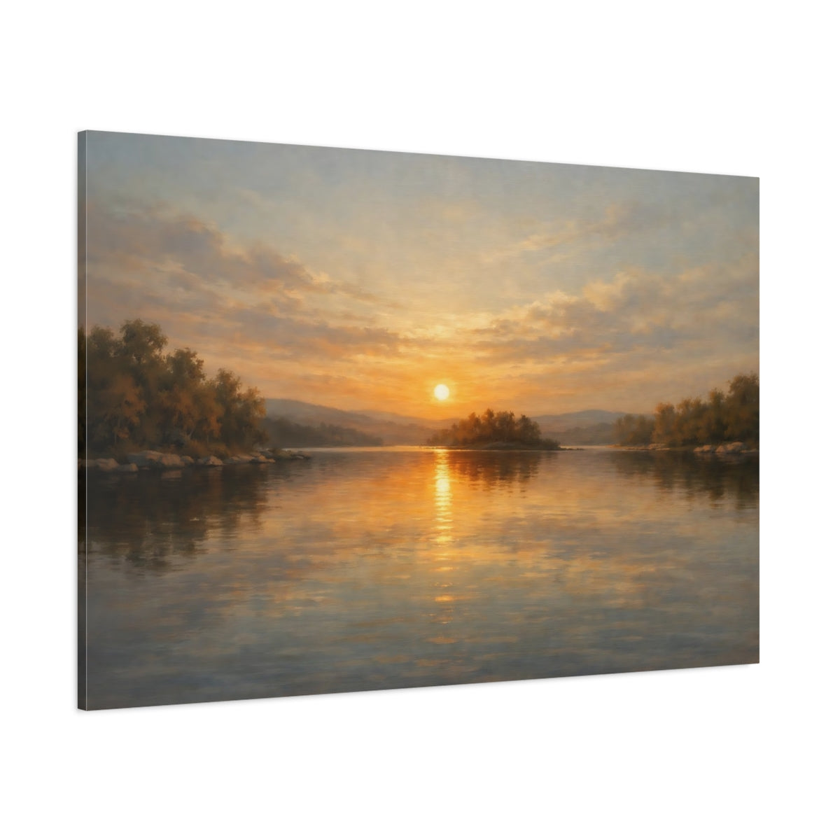 Main Mockup. Nature Sunset Lake Golden Sunset shown as stretched canvas wall art