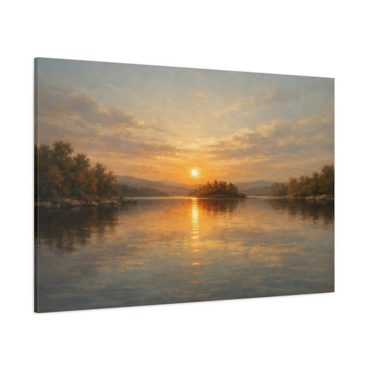 Main Mockup. Nature Sunset Lake Golden Sunset shown as stretched canvas wall art