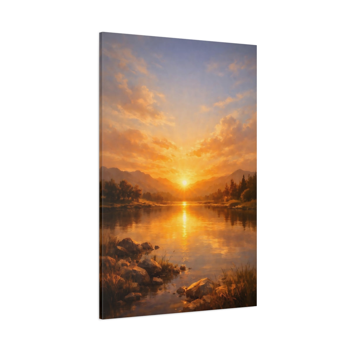 Main Mockup. Nature Sunset Lake Golden Sunset Lake shown as stretched canvas wall art