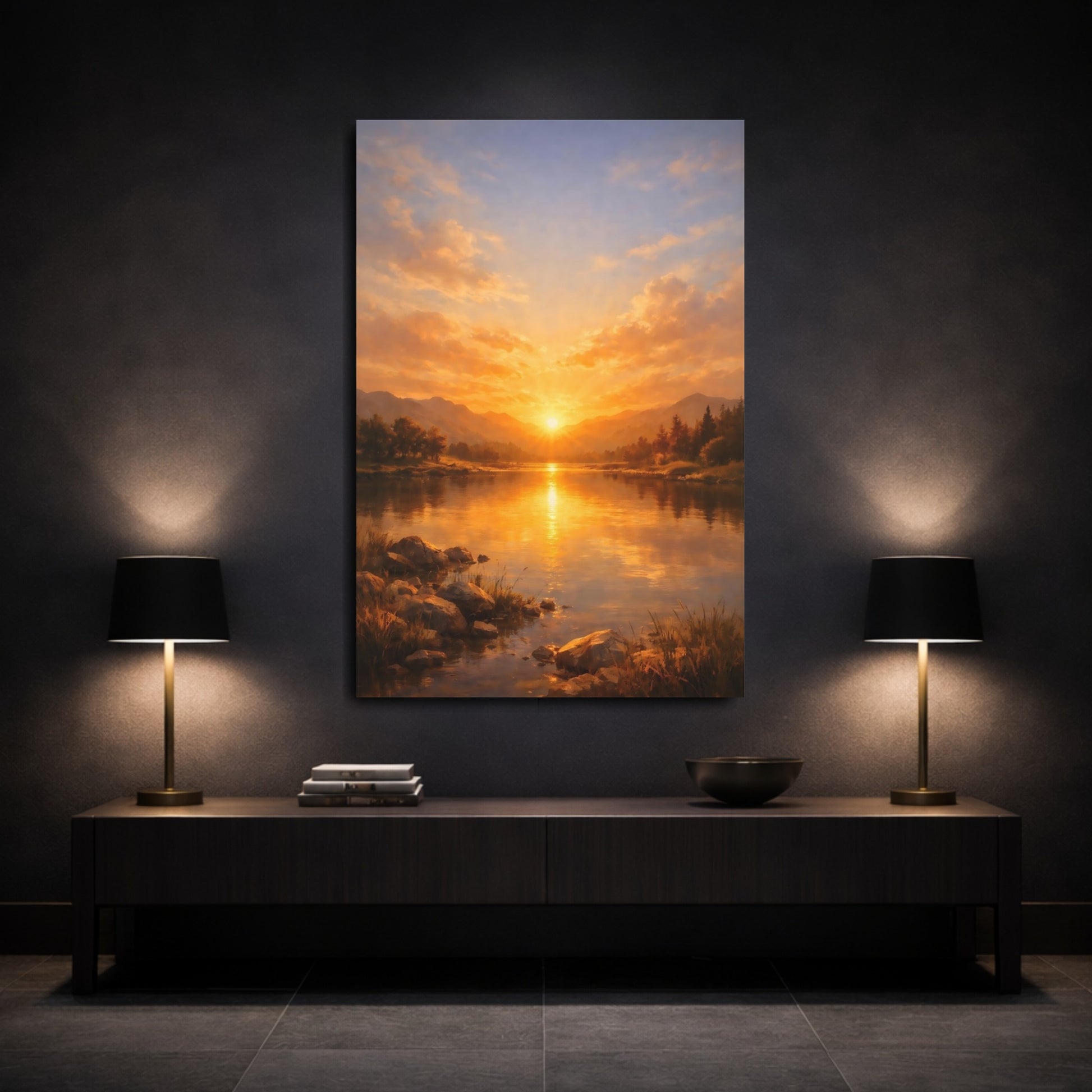 Mockup 2. Nature Sunset Lake Golden Sunset Lake shown as stretched canvas wall art