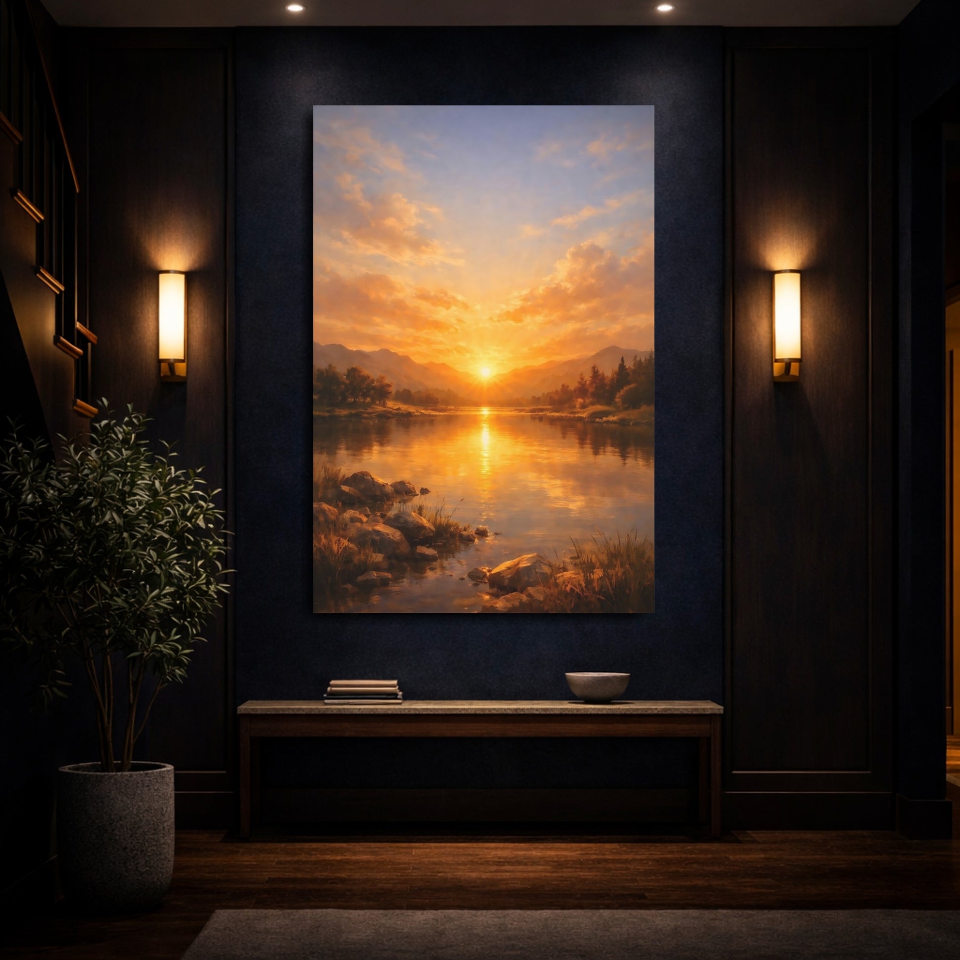 Mockup 3. Nature Sunset Lake Golden Sunset Lake shown as stretched canvas wall art