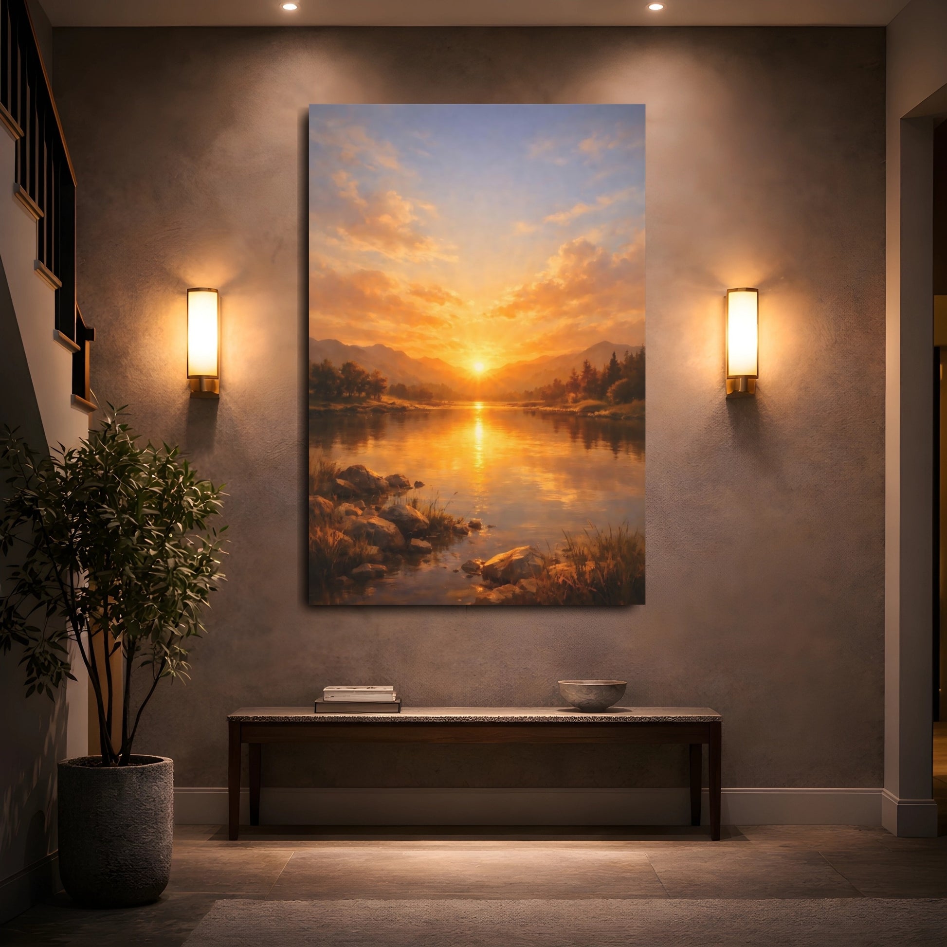 Mockup 4. Nature Sunset Lake Golden Sunset Lake shown as stretched canvas wall art