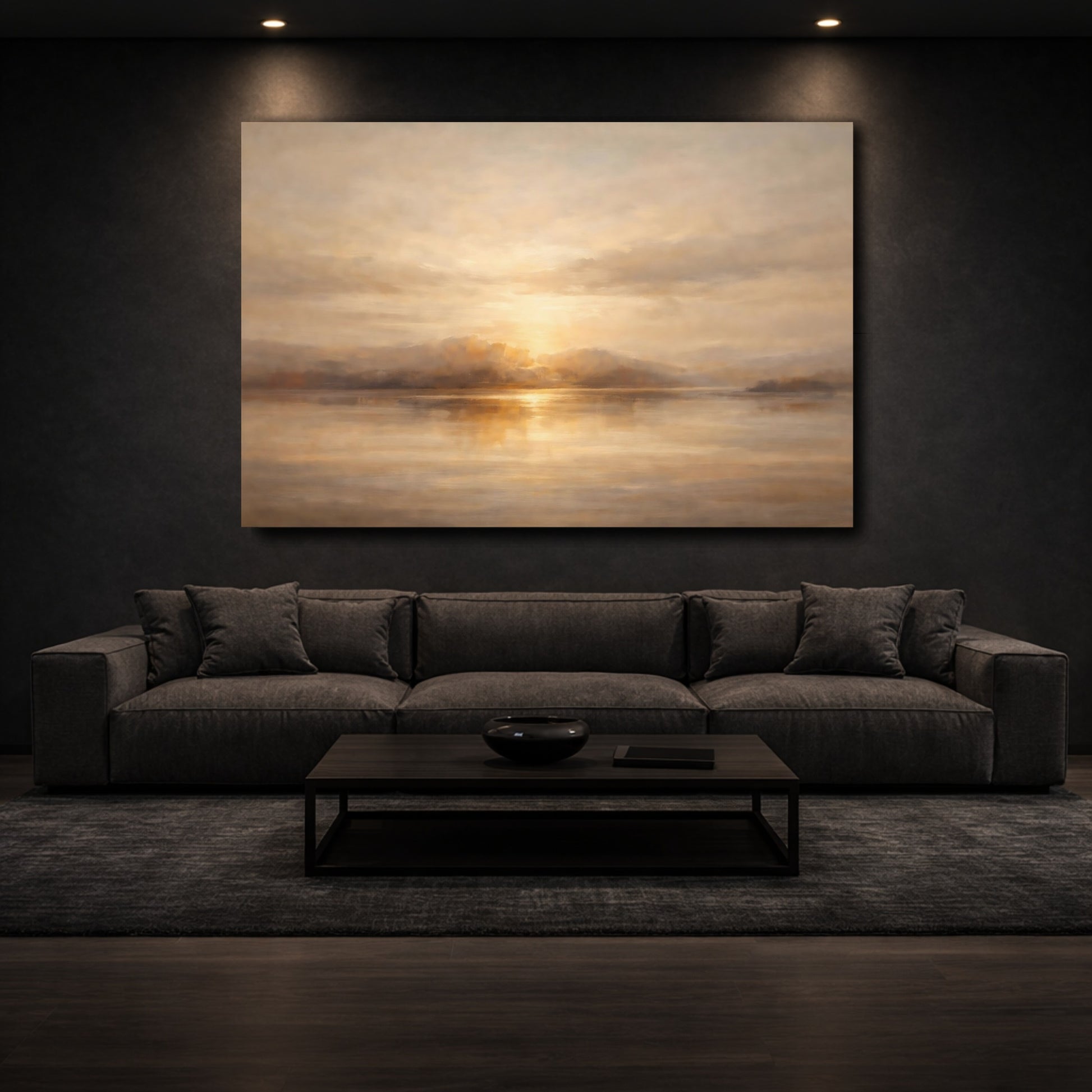 Mockup 2. Nature Sunset Lake Golden Sunset shown as stretched canvas wall art