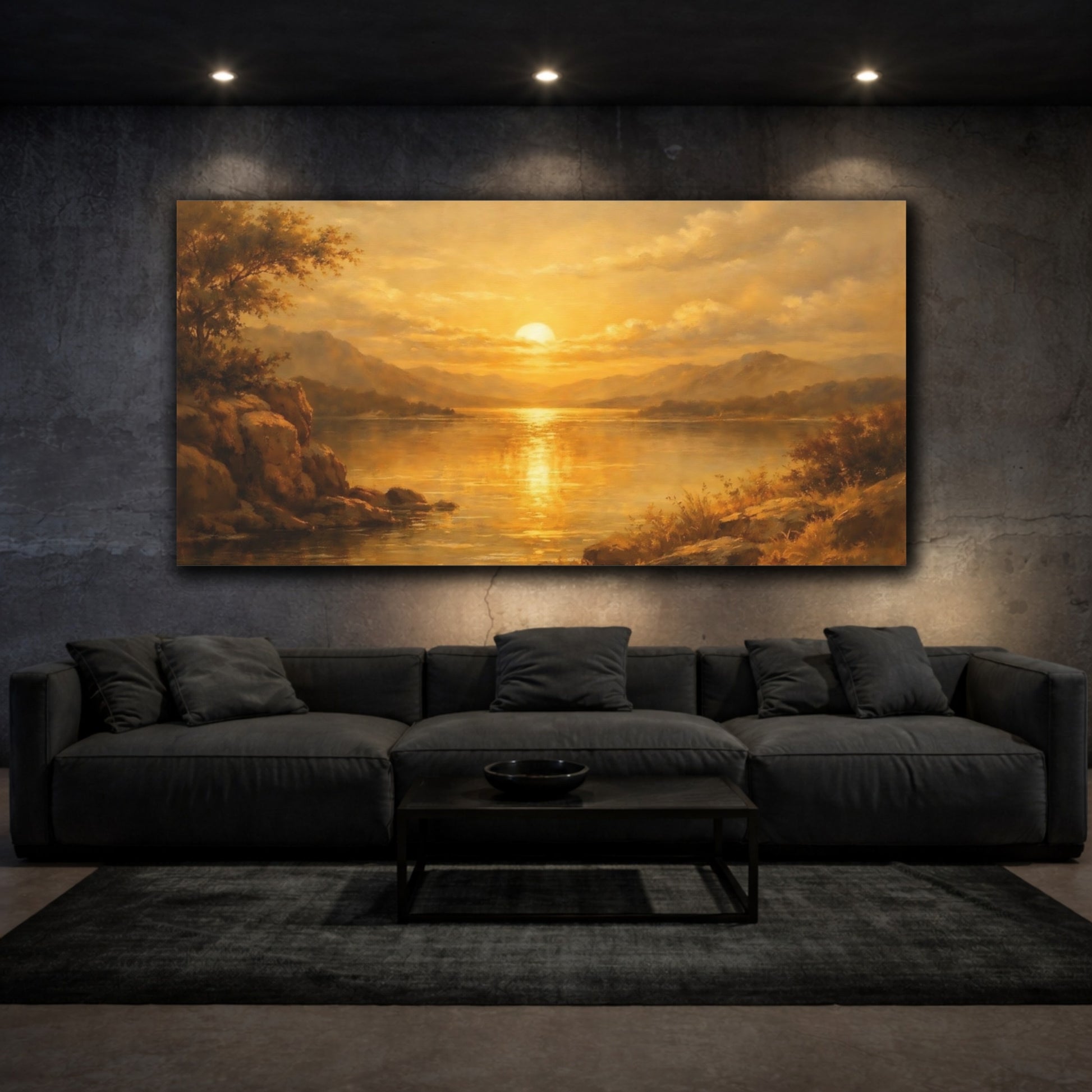 Mockup 2. Nature Sunset Lake Golden Sunset shown as stretched canvas wall art