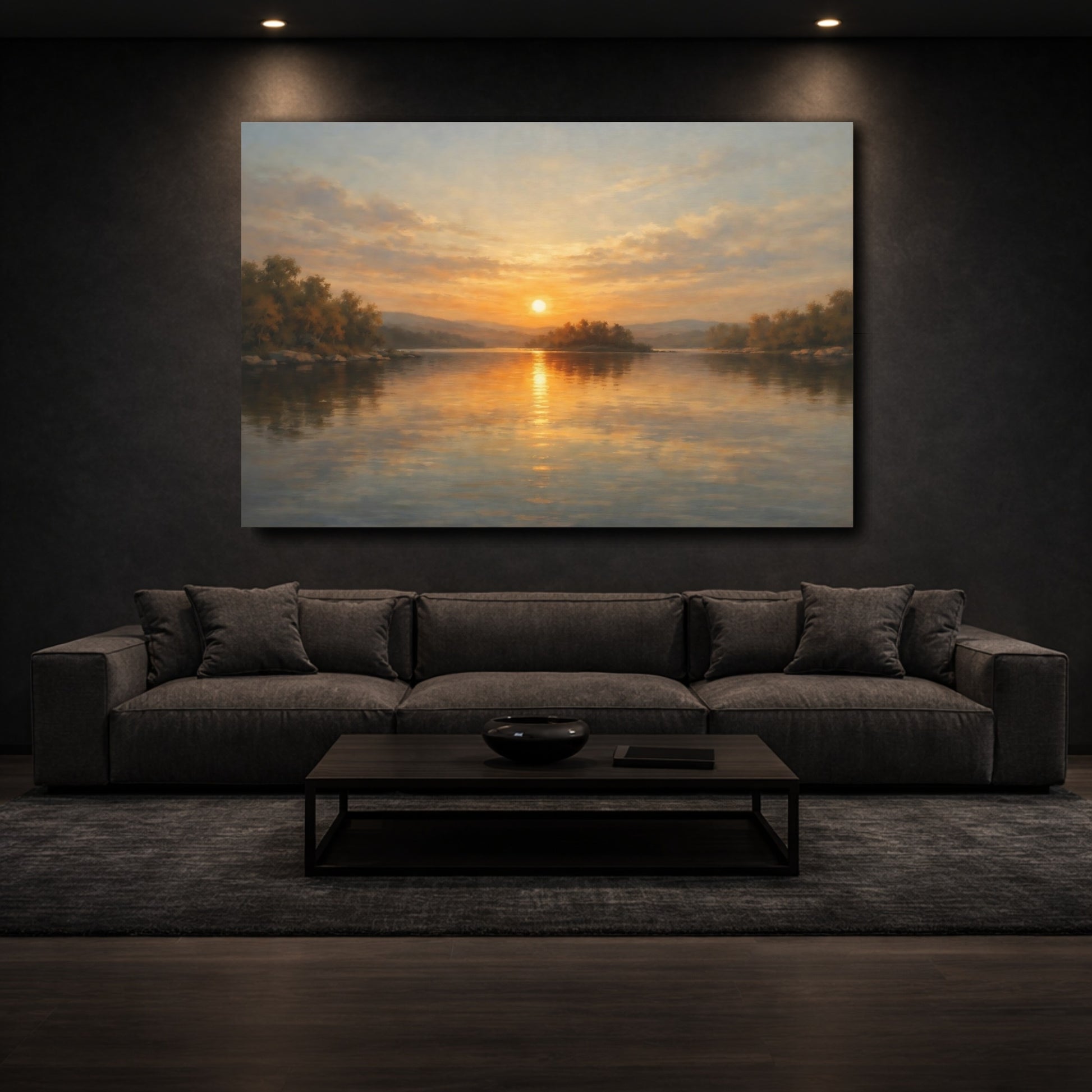 Mockup 2. Nature Sunset Lake Golden Sunset shown as stretched canvas wall art